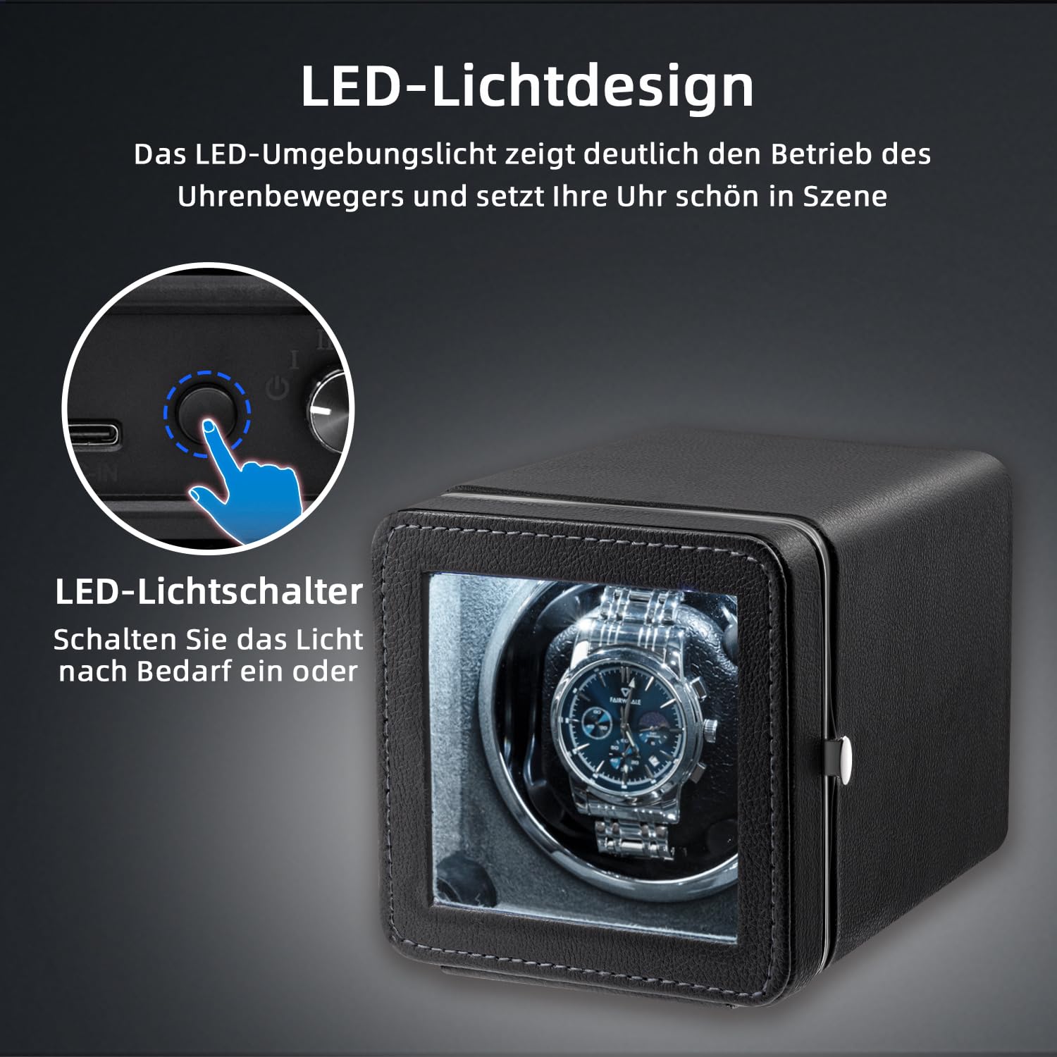 Mcbazel Automatischer Uhrenbeweger, Eleganter Automatischer Einzeluhrenbeweger Gehäuse, Leiser Motor, 4 Rotationsmodi, Uhrenbeweger Box Rechteckig, PU-Leder mit LED-Licht – Schwarz