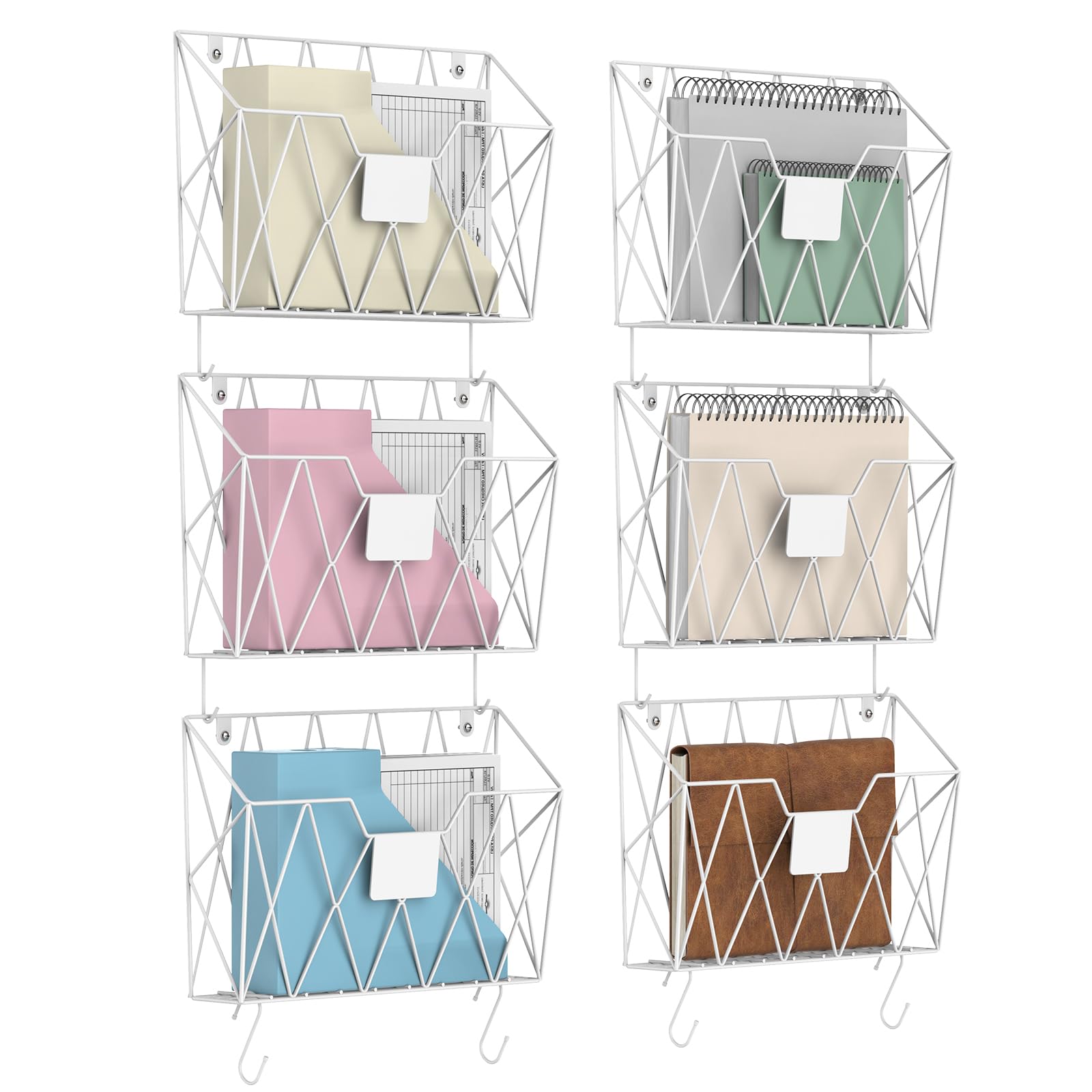 6 Pack Hanging Wall File Organizer Mesh Folder Holder Mail Magazine Organizer Wall Mounted with Hooks & Label Panels for Office Home, White