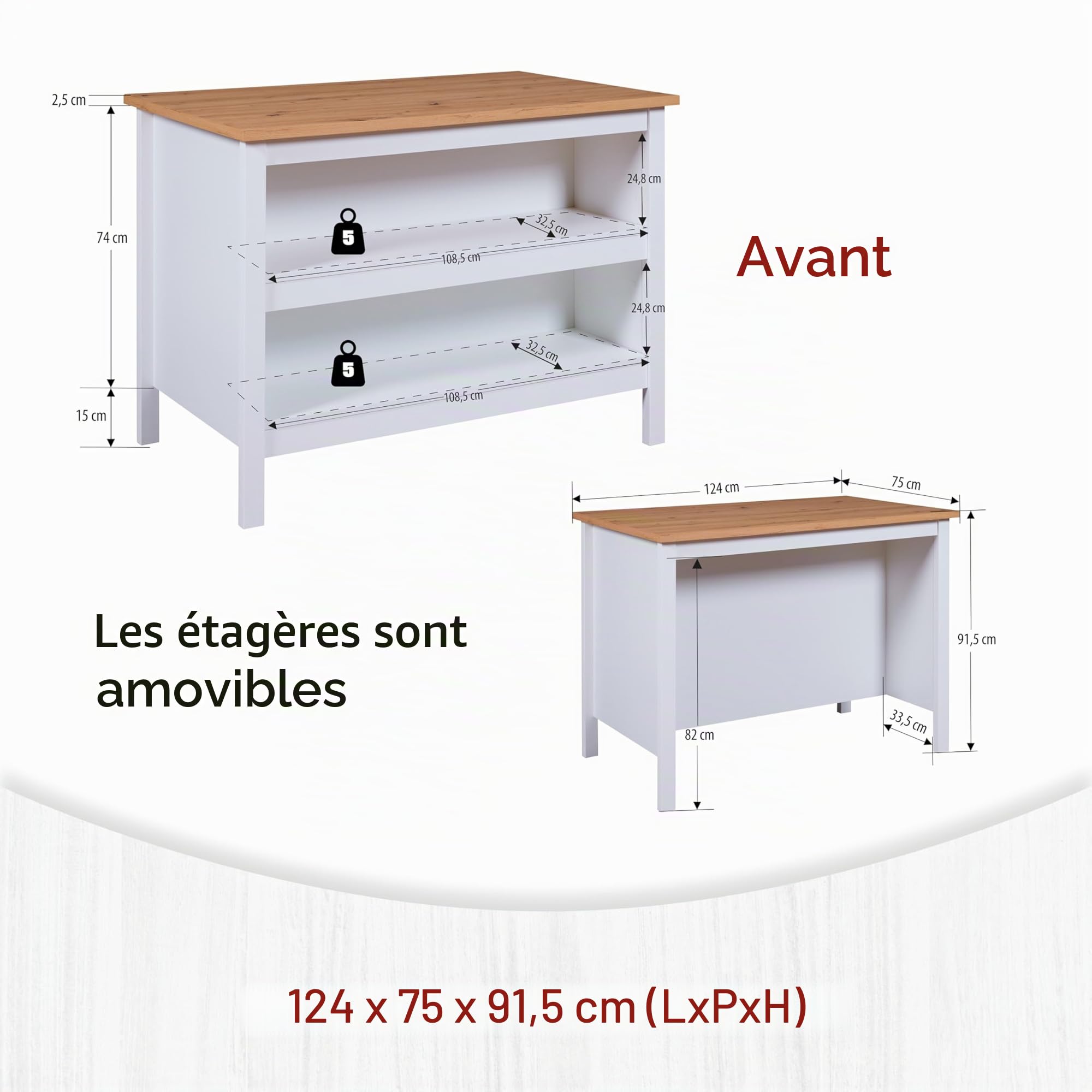 Inter Link - Ilot de cuisine - Ilot central - Plan de travail - Meuble de cuisine avec étagères - Mélaminé - Longueur 124cm - Hauteur 82 cm - Profondeur 75 cm - Julina - Blanc/Chêne Artisan