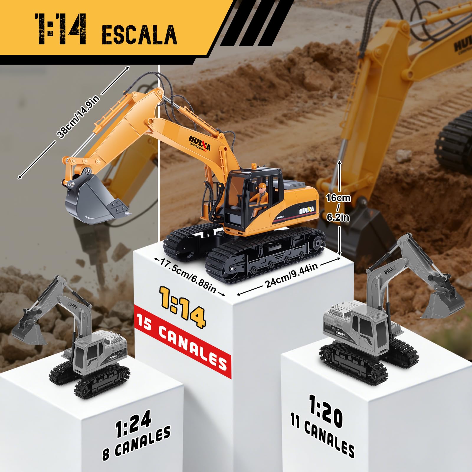FORMIZON 2.4GHz 15CH Excavadora Teledirigido Cuchara, Martillo Hidráulico, Pinza para Madera 3-in-1 Accesorios Metálicos RC Excavadora Juguetes Regalos Niños 8-12 Años