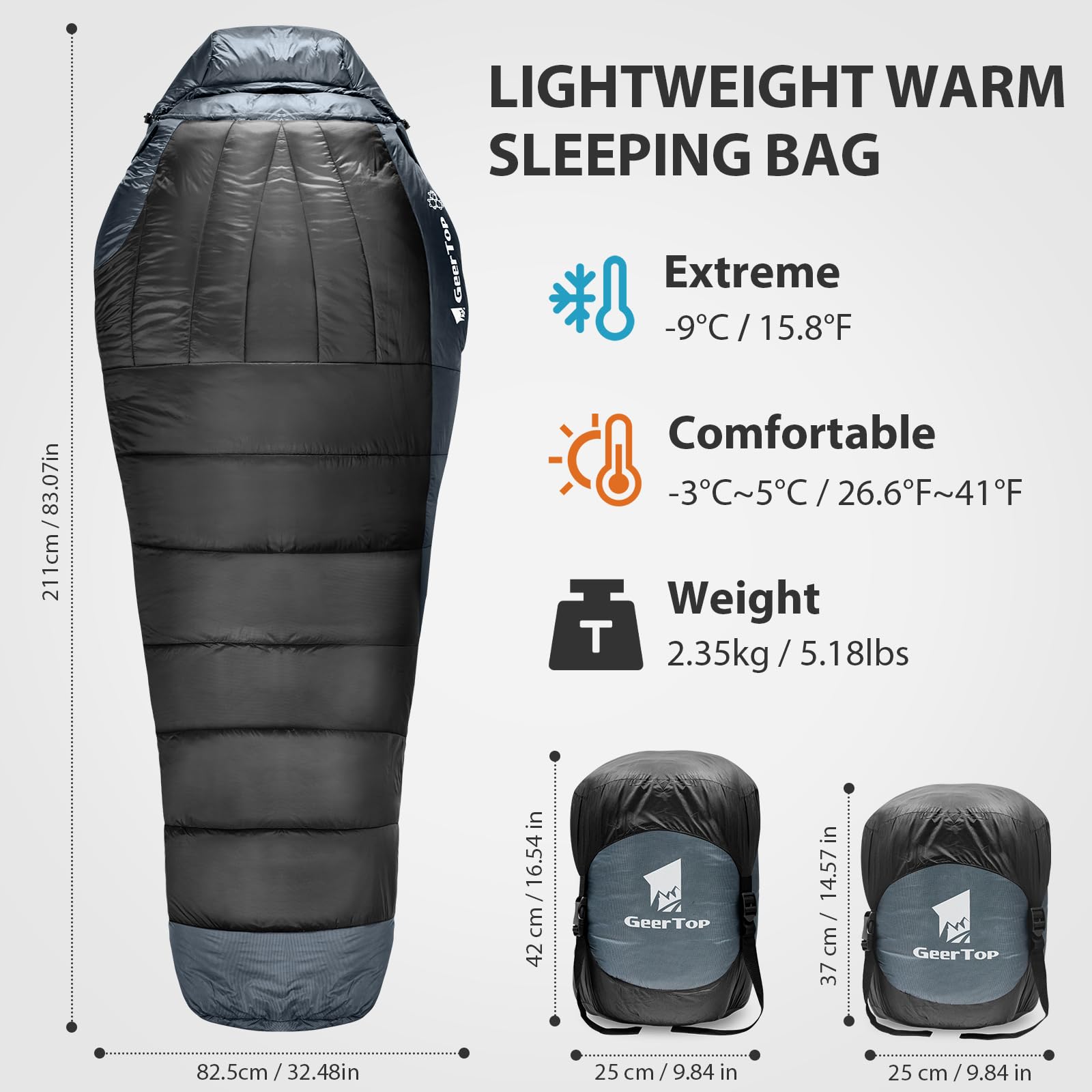 GEERTOP Saco de Dormir Invierno Momia para Adultos - Grafeno & Fibra Vegetal, 3-4 Estaciones (1500g, Confort -3°C a 4°C), Repelente al Agua, para Camping y Coche