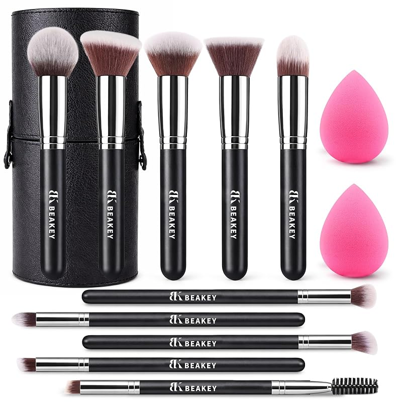 Kit de Pincéis de Maquiagem BEAKEY com 10 Pincéis, 2 Esponjas e Estojo
