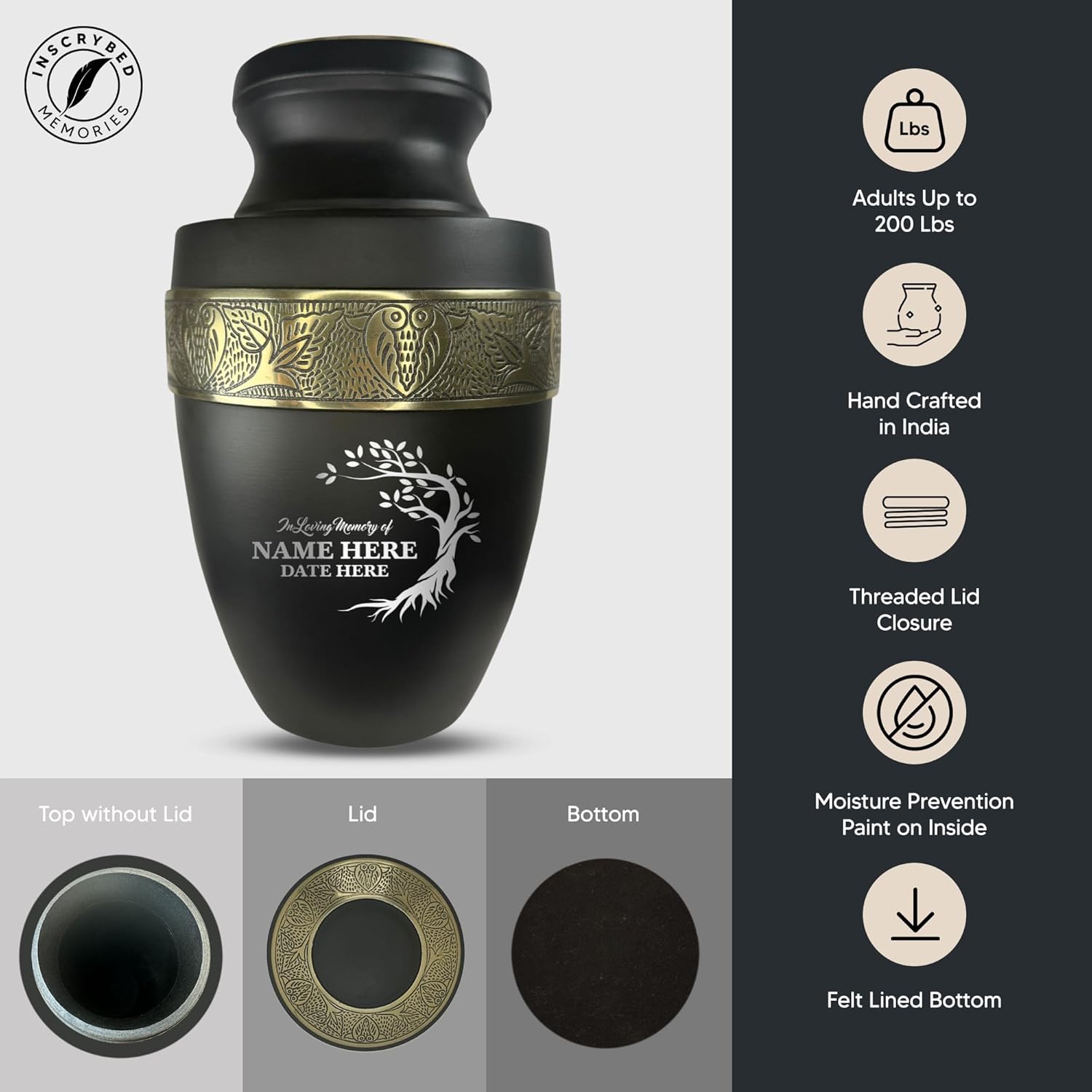 Personalized Adult Human Cremation Urn with Custom Engraved Name on Metal Vessel for Ashes Cremains | Elite Series Gold Rim Urn for Men or Women | 200 Lbs | Tree | Black