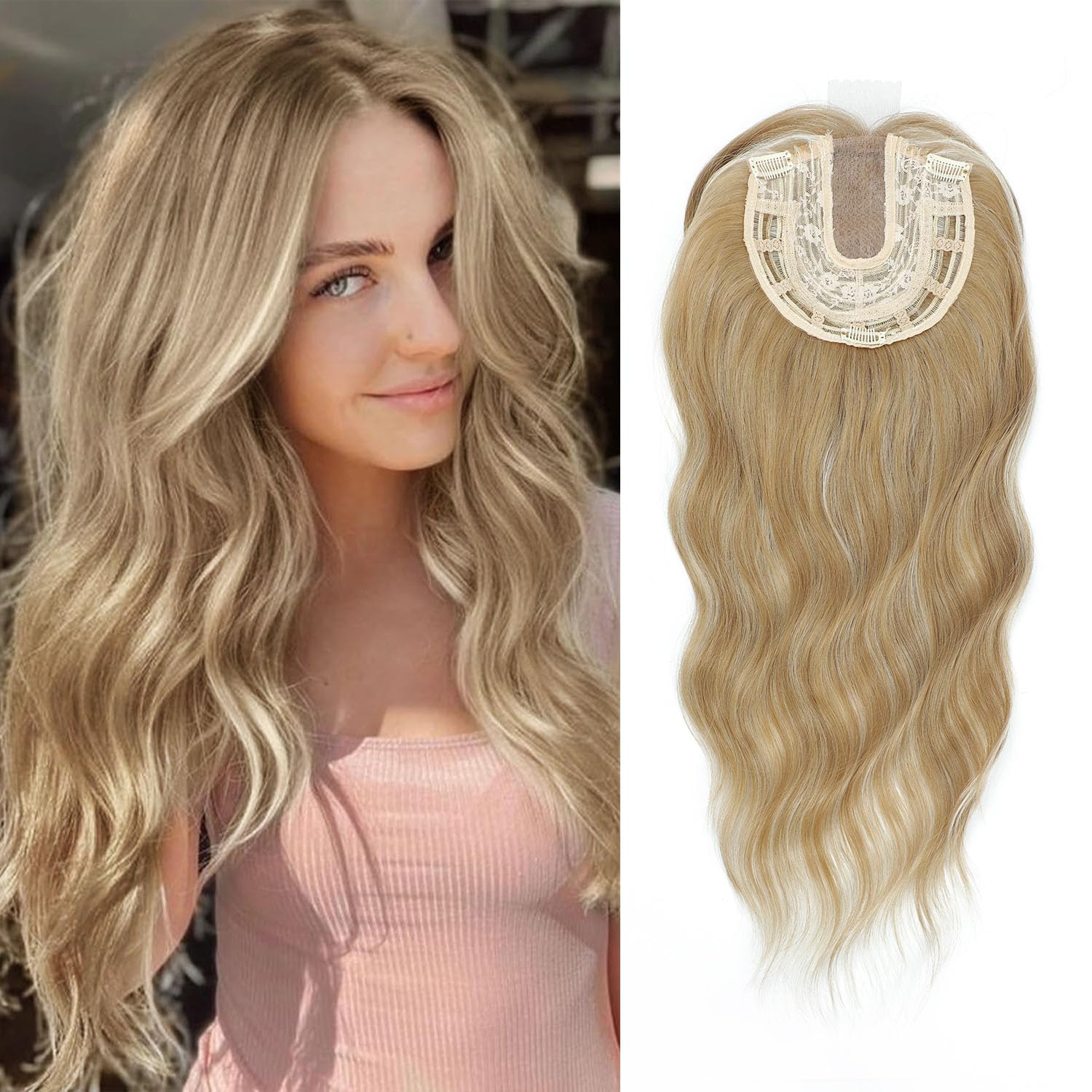 UDU 20" Wavy Ombre Highlight Synthetic Hair Topper for Women with Thinning Hair with Fringe Bang Adds Volume Change Hairstyle