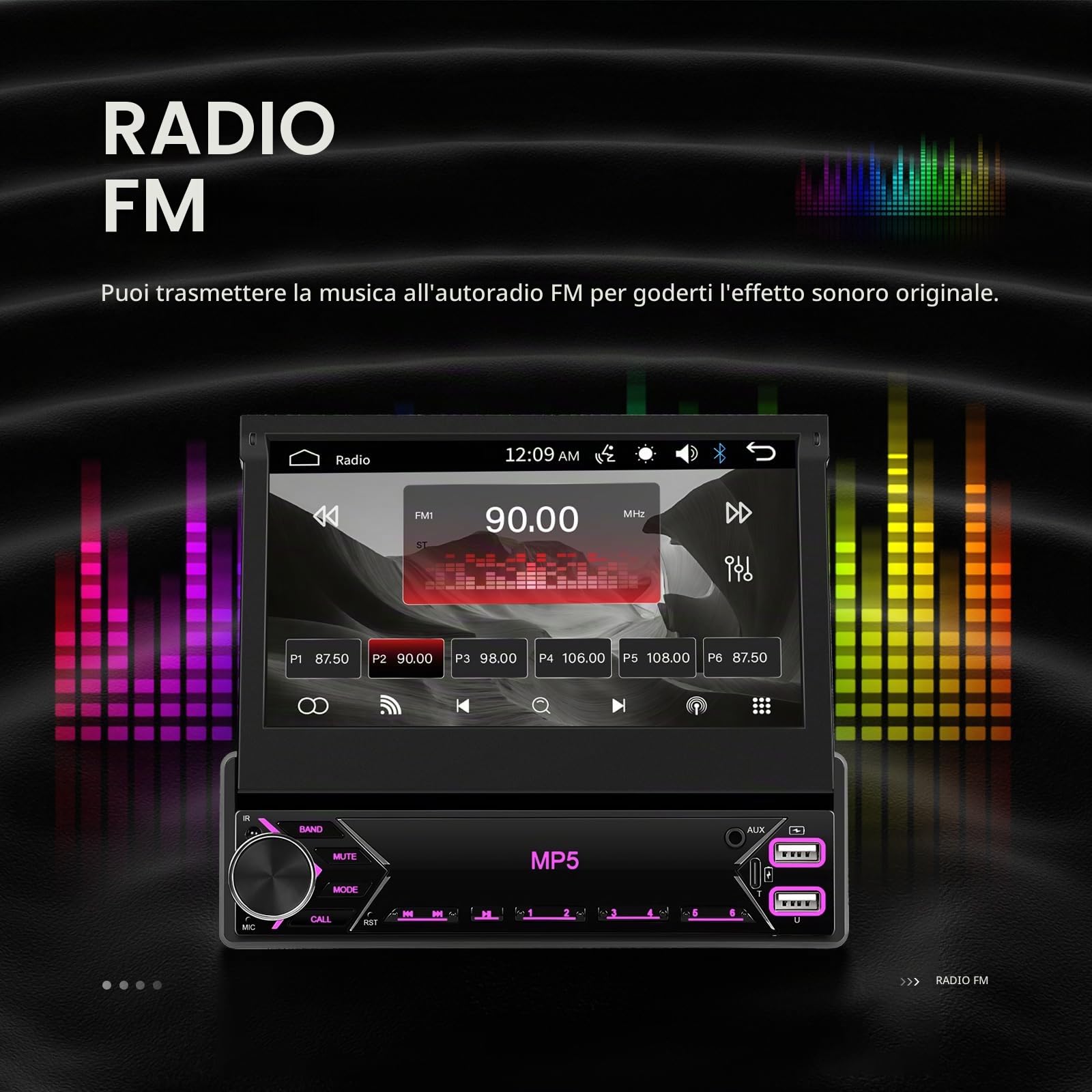 Autoradio 1 Din con Schermo Manuale Retrattile 7 Pollici Touch Bluetooth Mirror Link Cablato per iOS/Android - Controllo Volante, FM Radio e USB Type-C per Veicoli Standard