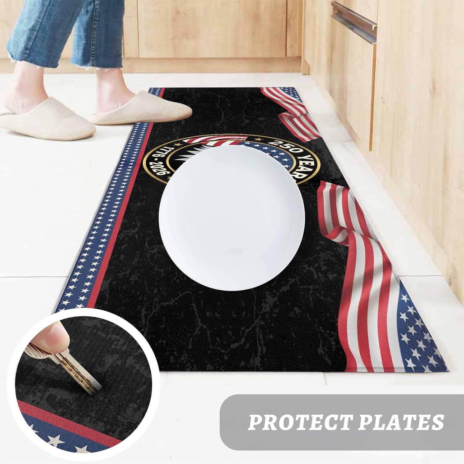 Teamery Kitchen Mats for Floor American Flag Bald Eagle Washable Non Slip Kitchen Rugs 1PCS, 250 Years of Freedom Absorbent Standing Mats for Sink Bathroom Office Living Room 15.7x47.2in