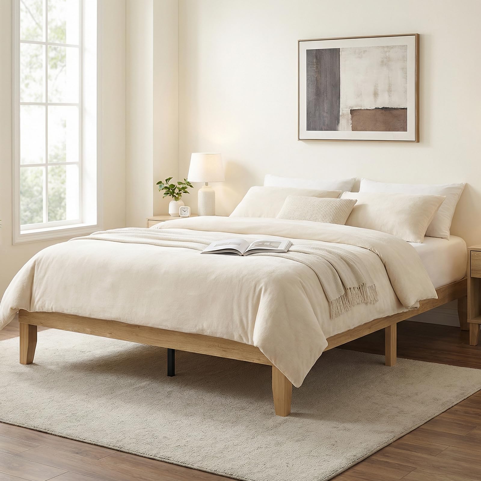 Bed Frame King Size 12 Inch Wood Platform Bedframe with Solid Wooden Slat Support Minimalist Bed Base Without