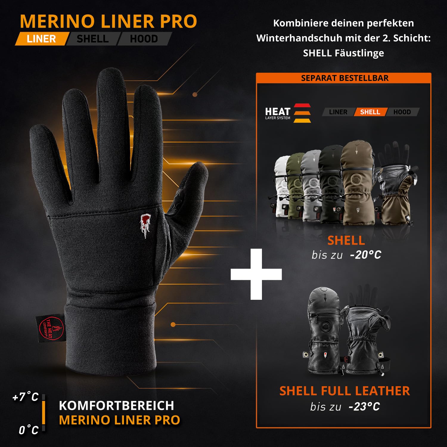 THE HEAT COMPANY - Merino Liner PRO - Unterziehhandschuhe - Premium Qualität Touchscreen Handschuhe Aus Merino Wolle - Sporthandschuhe Für Damen Und Herren, Schwarz