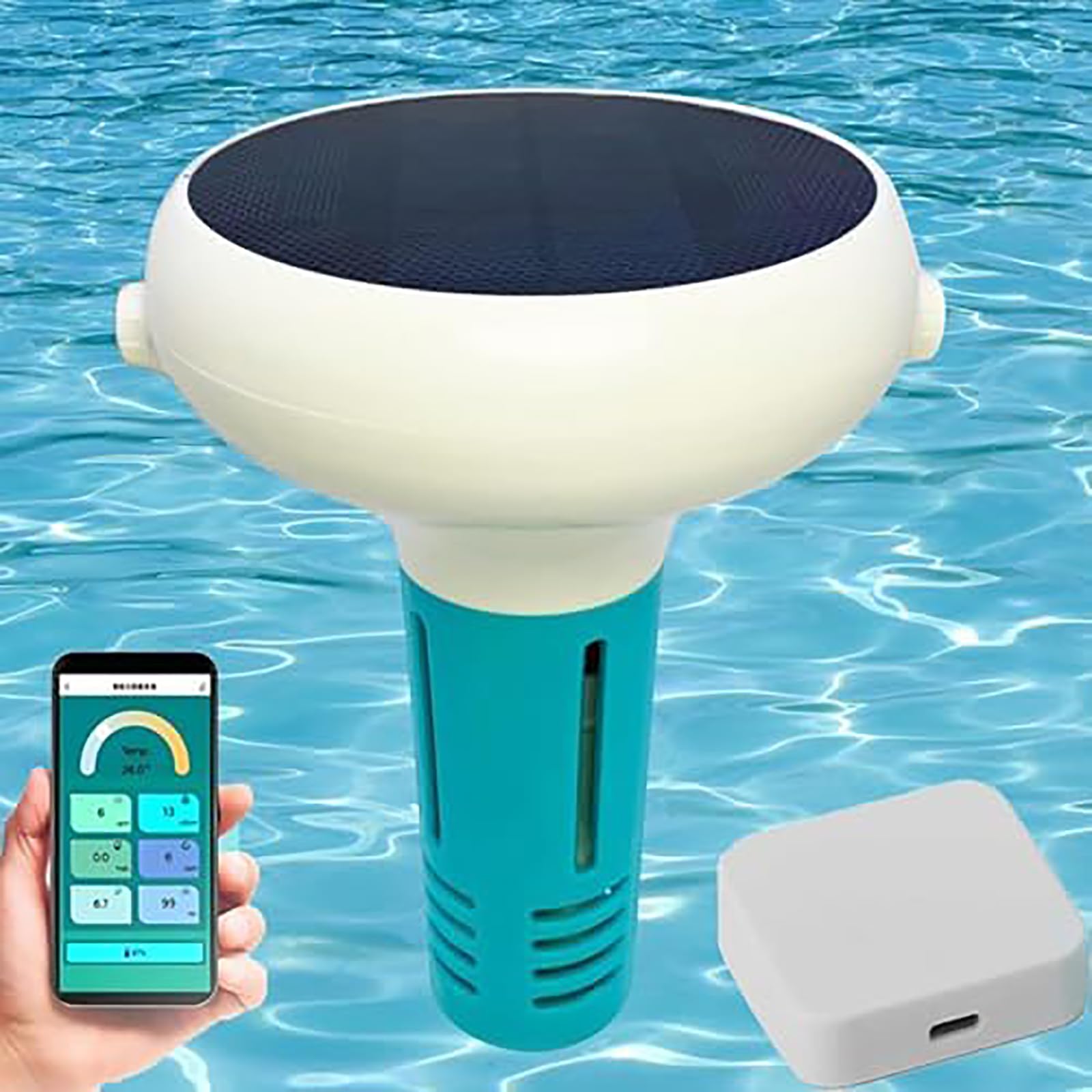 Smart Pool Water Tester 7 en 1, monitoreo inalámbrico Bluetooth en tiempo real, pH, EC, TDS, cloro, sal, análisis de temperatura, funciona con energía solar, diseño flotante