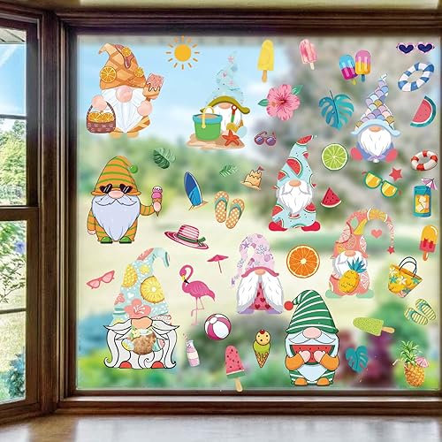 Miniatura 2 de ORIGACH 9 hojas de 45 piezas de gnomos de Hello Summer para ventana, calcomanías de ventana de vacaciones de verano, puertas de vidrio, calcomanías