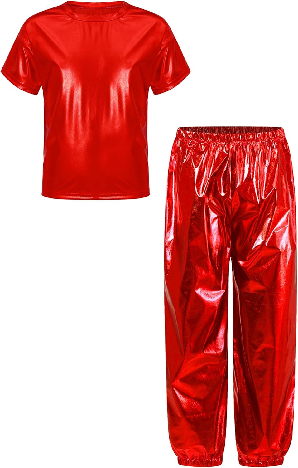 Shinsto Boys Girls Hip Hop Jazz Dance Outfit Metallic Sparkly 2 Piece Short Sleeve T-Shirt and Shiny Pants Set Red 9-10 Years