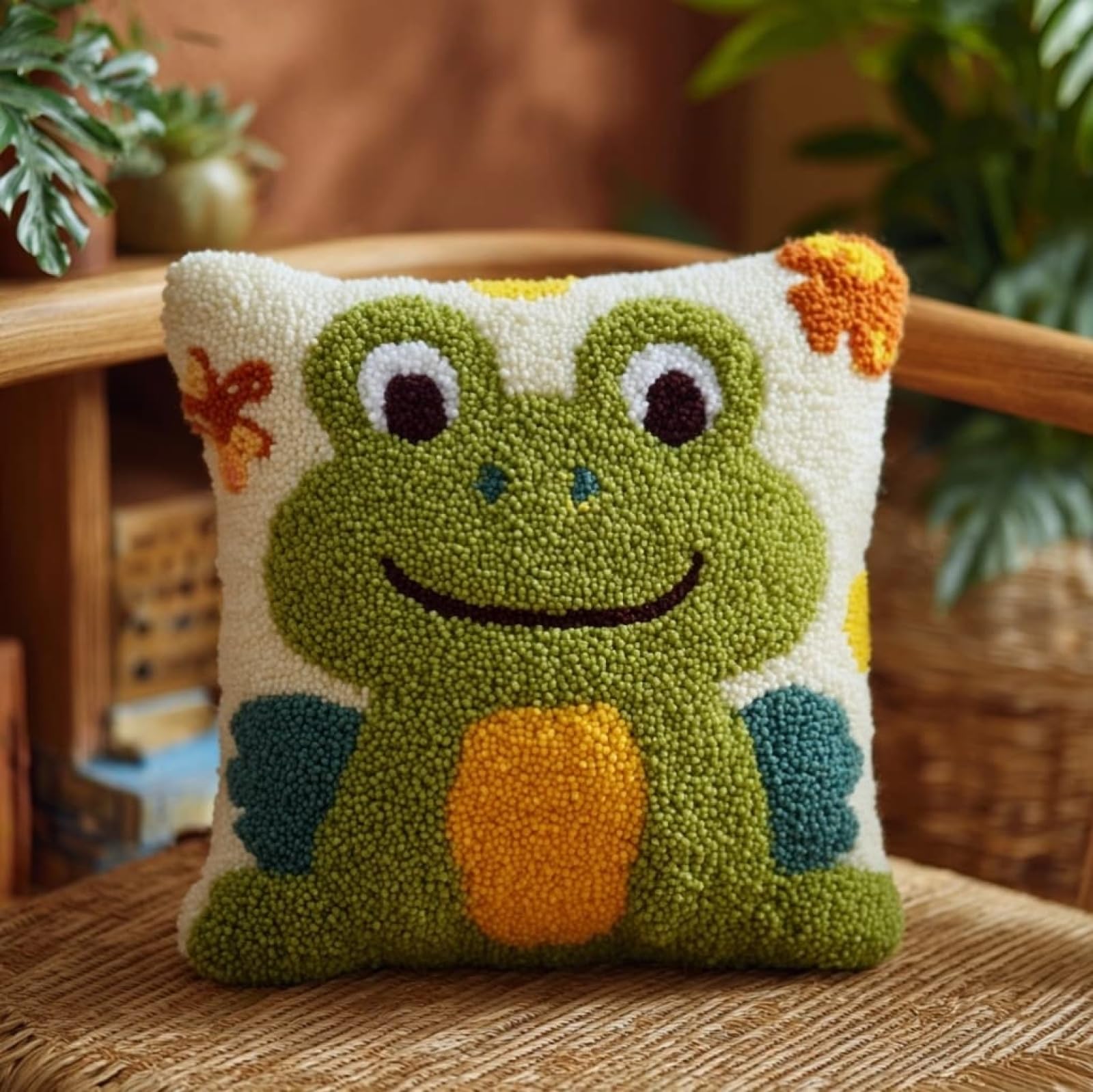 AxiangziK Latch Hook Cushion Kit 17x17 Inch,Cute Frog DIY Pillow Cover Craft Set - Unique Home Decor Gift for Women/Men