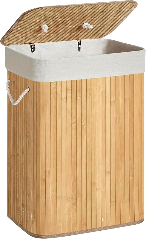 Élégant panier à linge en bambou 72 l avec couvercle, solide et pliable, sac à linge amovible, pour salle de bain, chambre à coucher ou chambre d'enfant, aspect naturel (1600, naturel)