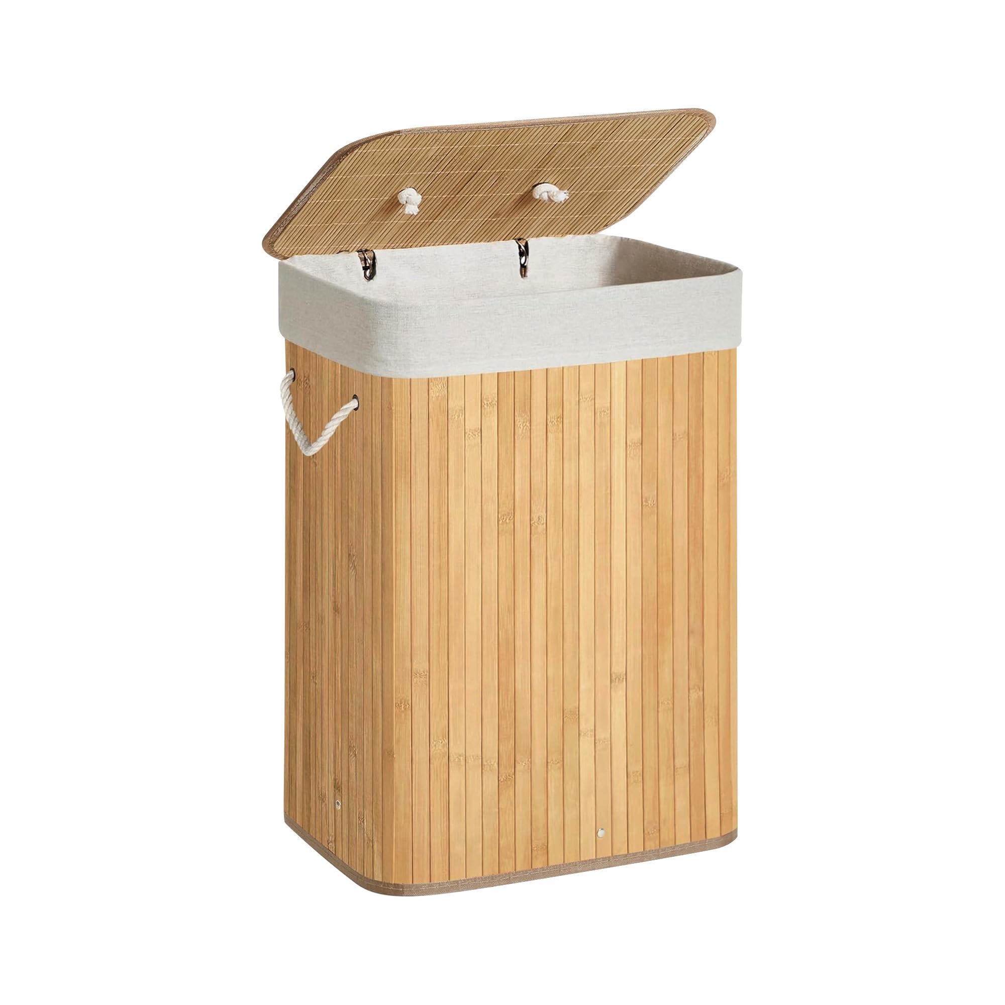 Élégant panier à linge en bambou 72 l avec couvercle, solide et pliable, sac à linge amovible, pour salle de bain, chambre à coucher ou chambre d'enfant, aspect naturel (1600, naturel)