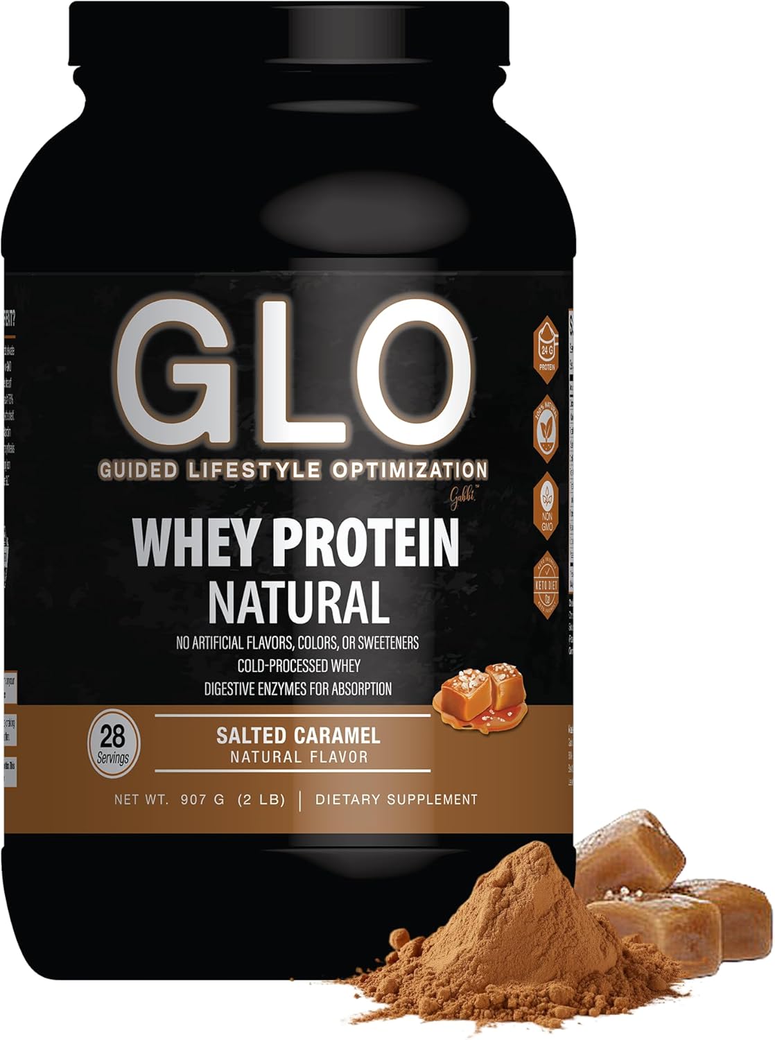 GLO Health Foods Cold-Processed Whey Protein - Salted Caramel Flavor - 24g Protein per Serving - Whey with Digestive Enzymes & BCAAs - Supports Muscle Growth, Strength & Recovery - 2 LB (28 Servings)