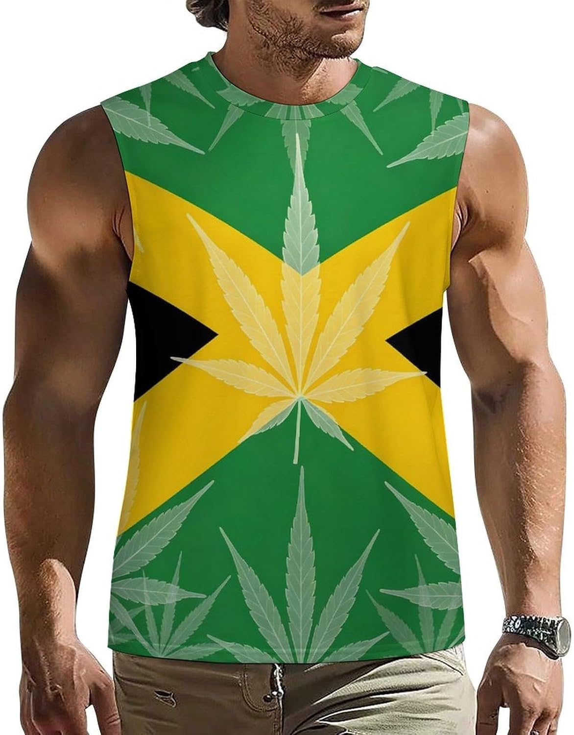 Weed Leave Jamaican Flag Men Summer Sleeveless Crew Neck Top 5XL