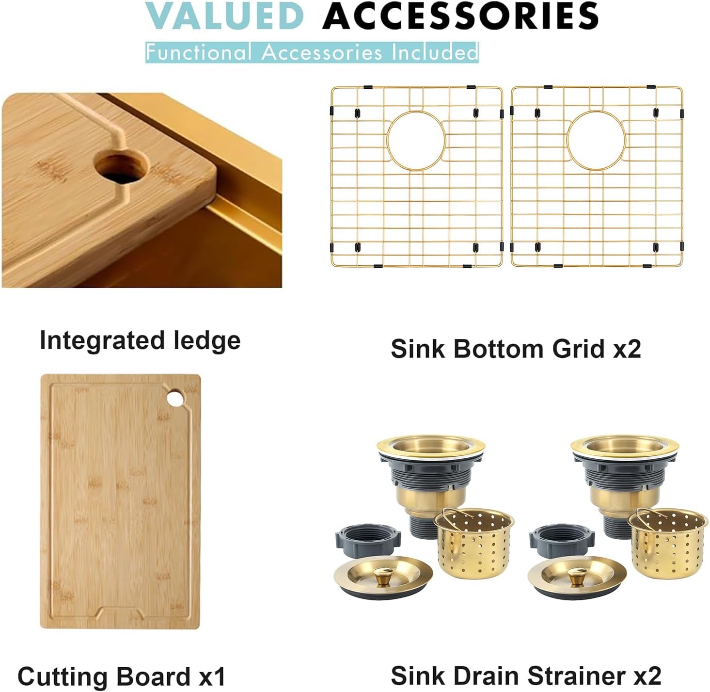 Gold Double Farmhouse kitchen Sink,16-Gauge SUS304 Stainless Steel Farm Sinks, 50/50 Apron Front Features Workstaion Sink With Accessories,33''×20''×10" Large and Deep Double Kitchen Sinks