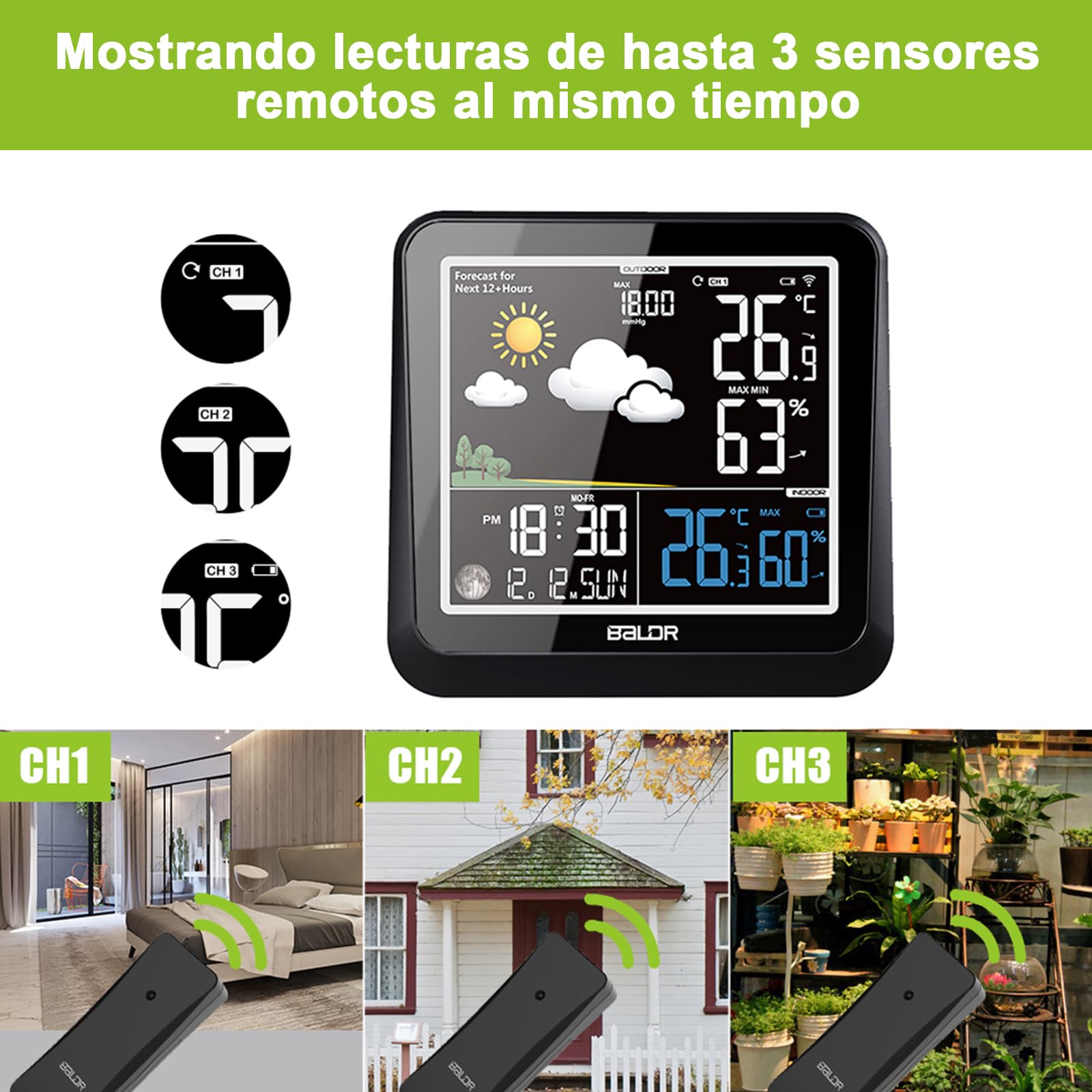 Estación Meteorológica Inalámbrica con Termómetro para Interior y Exterior, Pantalla Digital VA con Sensor Remoto, con Pronóstico del Tiempo, Temperatura, Humedad, Reloj Atómico y Fases Lunares