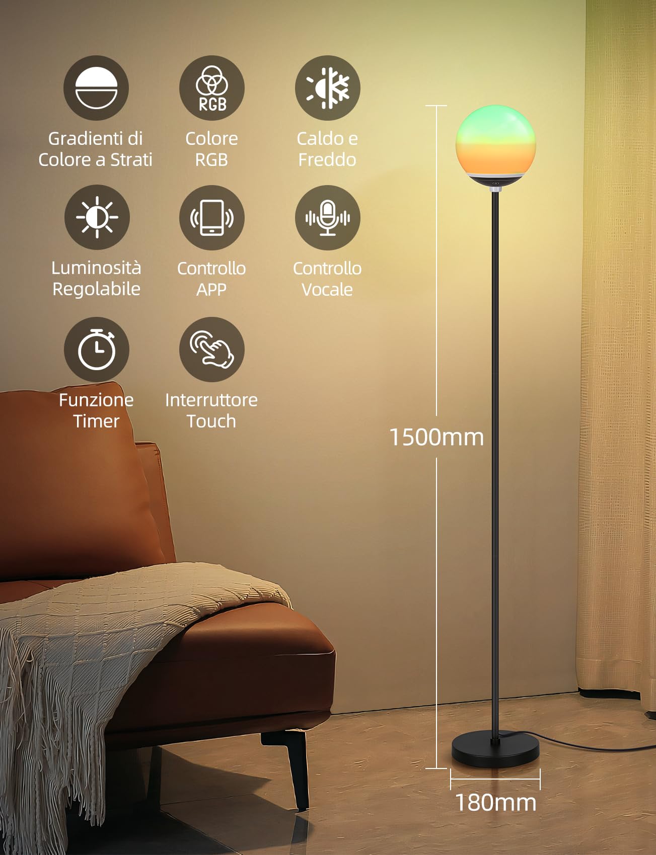 Aigostar - Lampada da Terra LED Intelligente con Bluetooth Mesh, Compatibile con Alexa, Controllo del Colore a Doppie Zone, 8W, 800LM, 2700K-6500K e RGB Dimmerabile, per Salotto e Camera da Letto