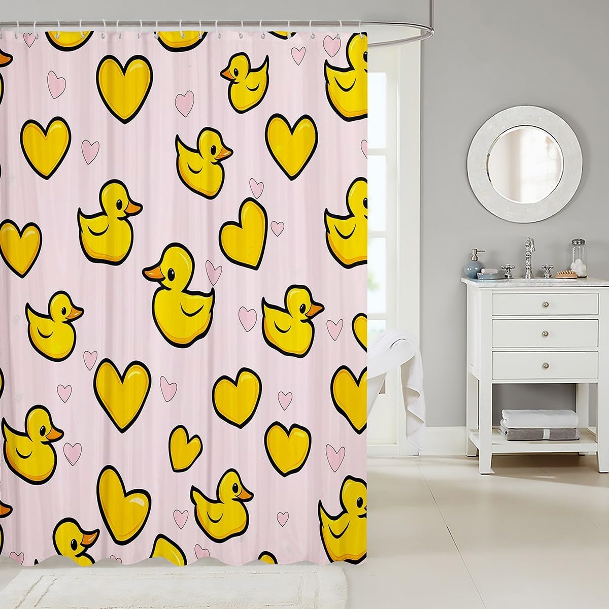 Erosebridal Yellow Duck Shower Curtain Set,Cute Rubber Duck Bathroom Decor for Kids Girls Boys,Pink Love Heart Bathroom Set Gifts for Pet Lovers,Funny Animal Print Fabric Shower Curtain 72 x 78 Inch