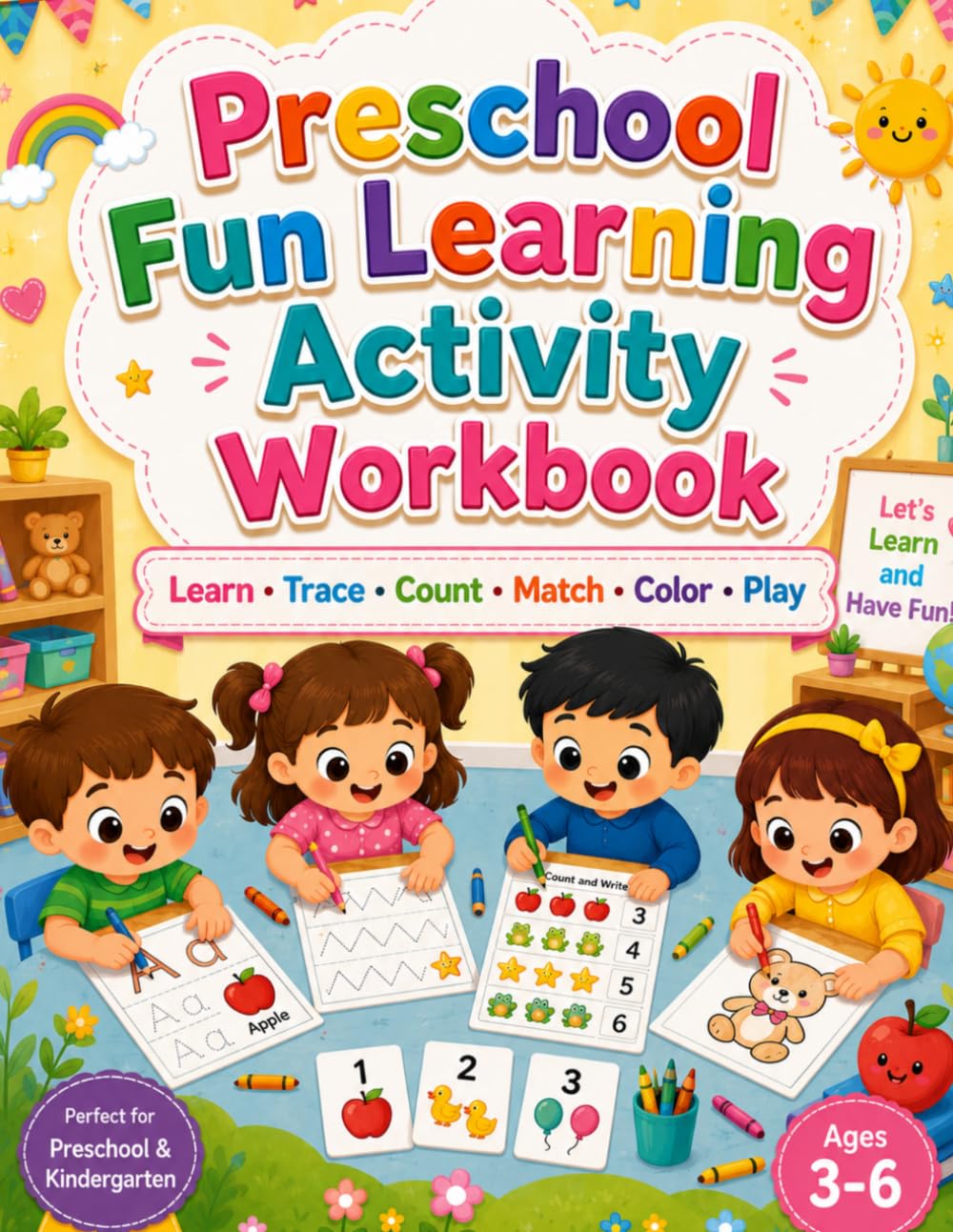 Preschool Fun Learning Activity Workbook: Learn, Trace, Count, Match, Color, Play