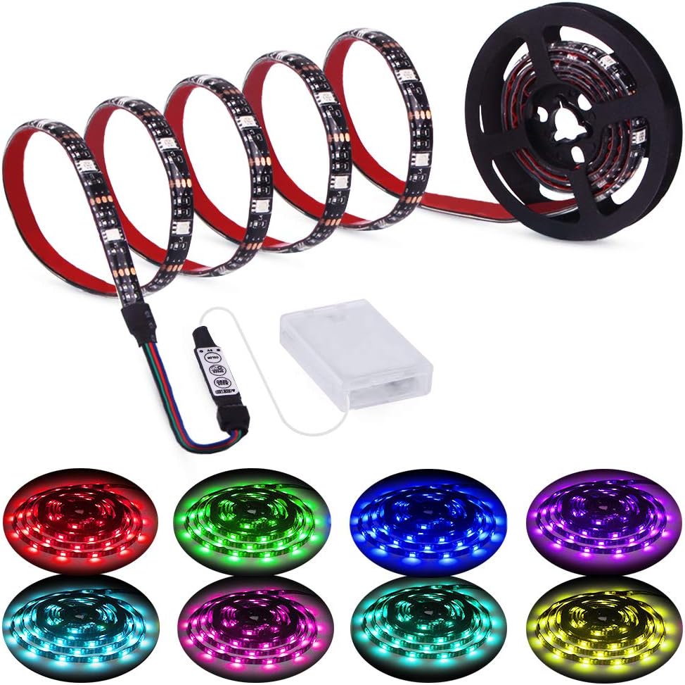Led Strip Lights Battery Powered RGB 2M 6.56ft Battery Operated Led Battery Lights with 3 Keys Controller Waterproof Battery Led Rope Lights for TV, Bedroom, Mirror, PC, Camping & Home Decoration