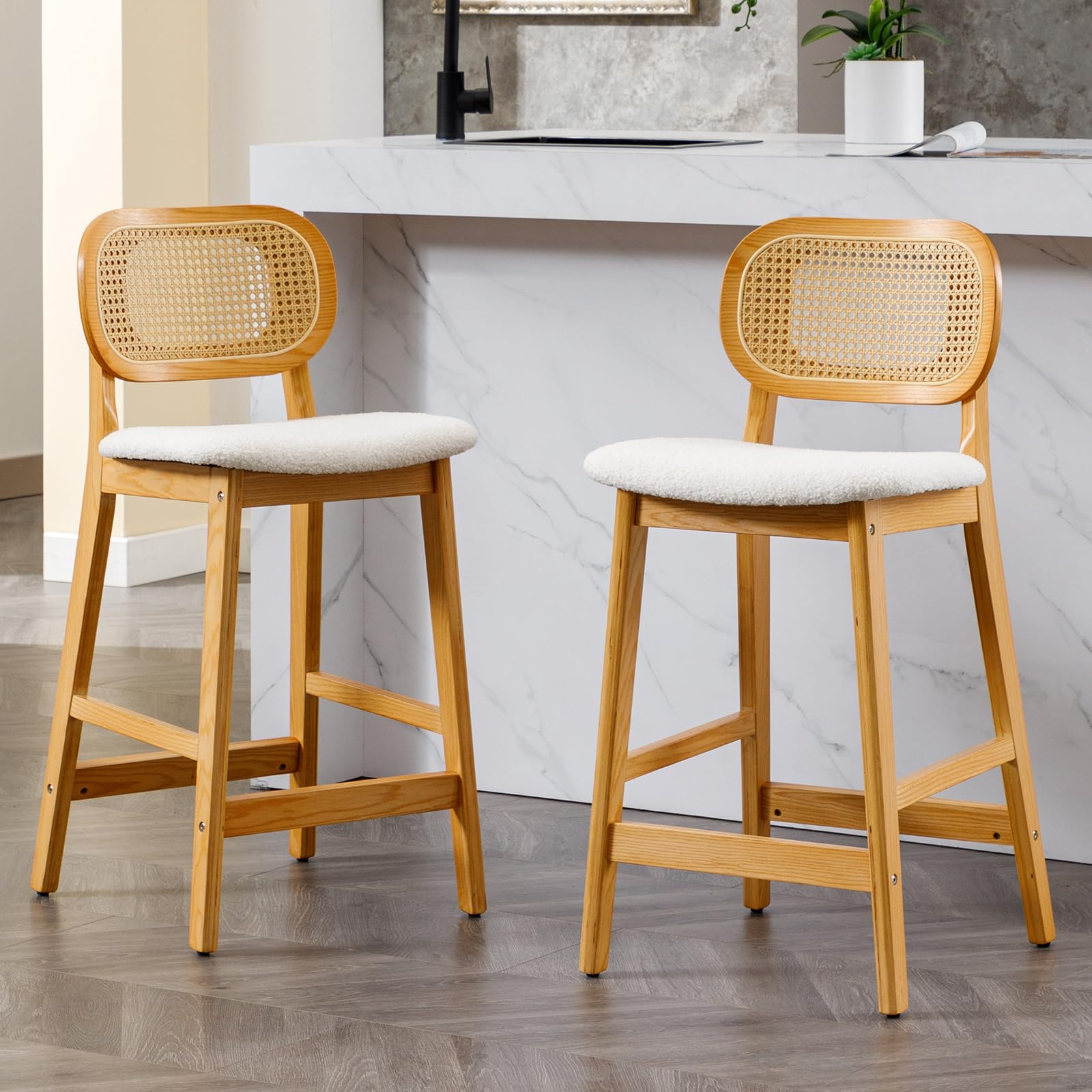 chairus Juego de 2 Taburetes de Bar Modernas con Respaldo Ratán Taburetes Maderas con Asiento Lana, Sillas de Barra Rústica para Cocina/Restaurante/Cafetería, Beige