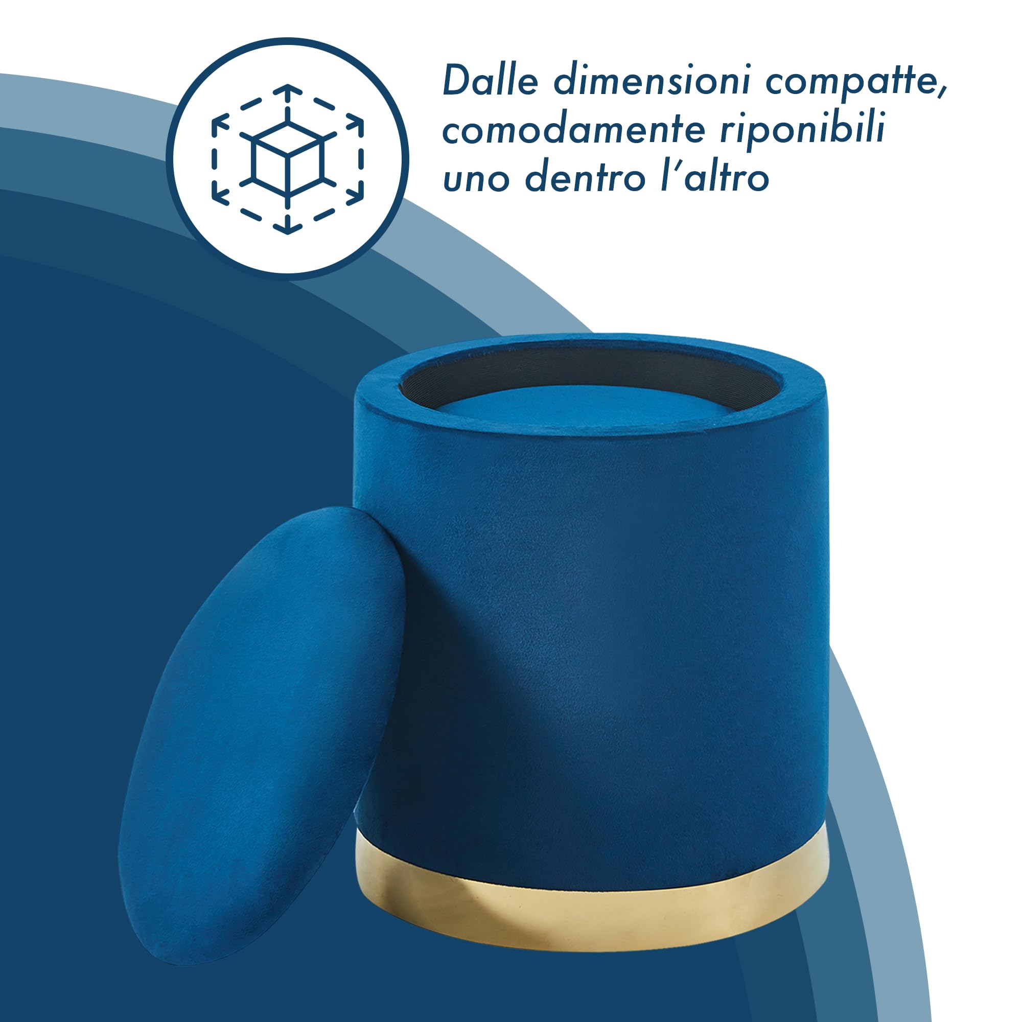 IlGruppone Set Di 2 Pouf Contenitore In Velluto Design Moderno Poggiapiedi,Sgabello Tondo con Coperchio Rimovibile e Seduta Imbottita Alta Densità Con Fascia In Metallo Capiente Storage Box- Blu