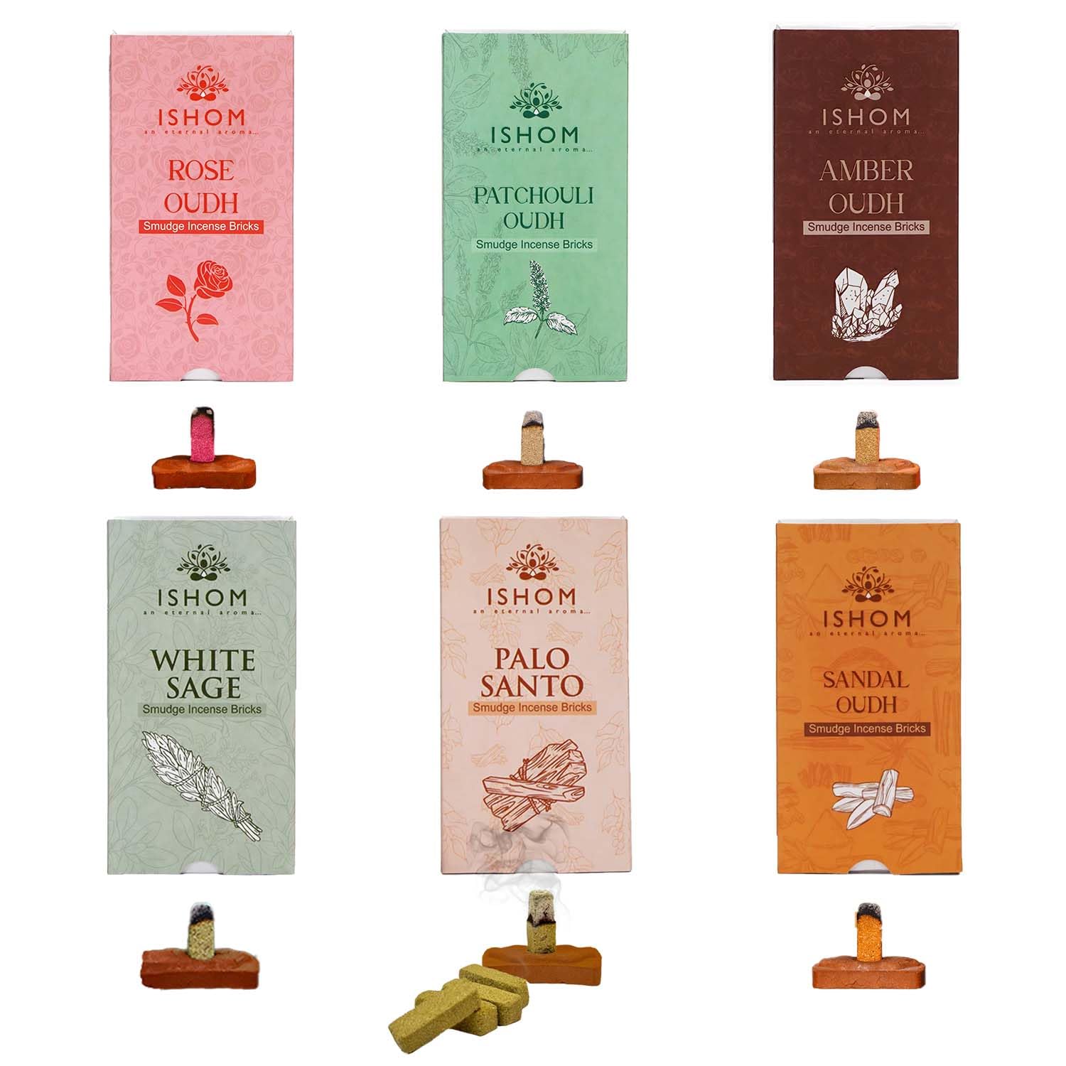 Smudge - Mattoncini di incenso naturali, confezione da 90 (6 fragranze assortite), Palo Santo, salvia bianca, patchouli, sandalo Oudh, ambra e rosa, mattoni di incenso atossici per meditazione e