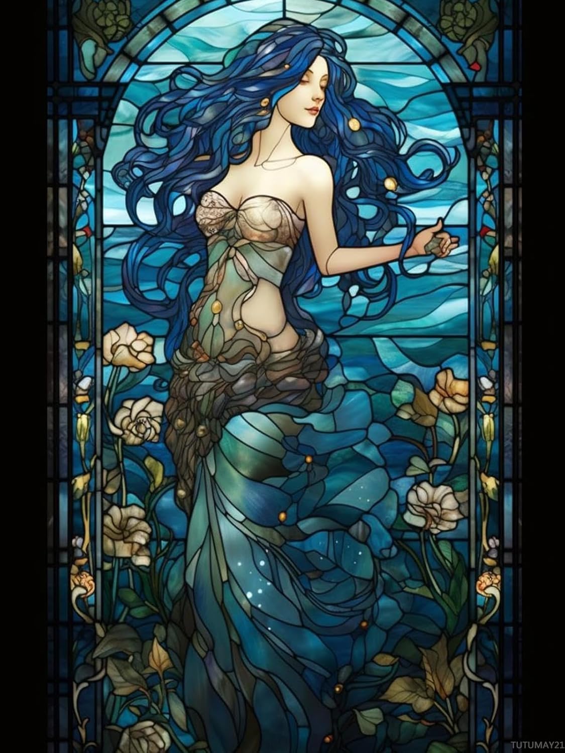 Christmas Gift Mermaid Blue Hair Stained Glass DIY Diamond Painting Kits Full Circle Fine Rhinestone Embroidery Kit for Adults for Wall Decor Room Decor for New Year Valentine's Day 12x16 inch