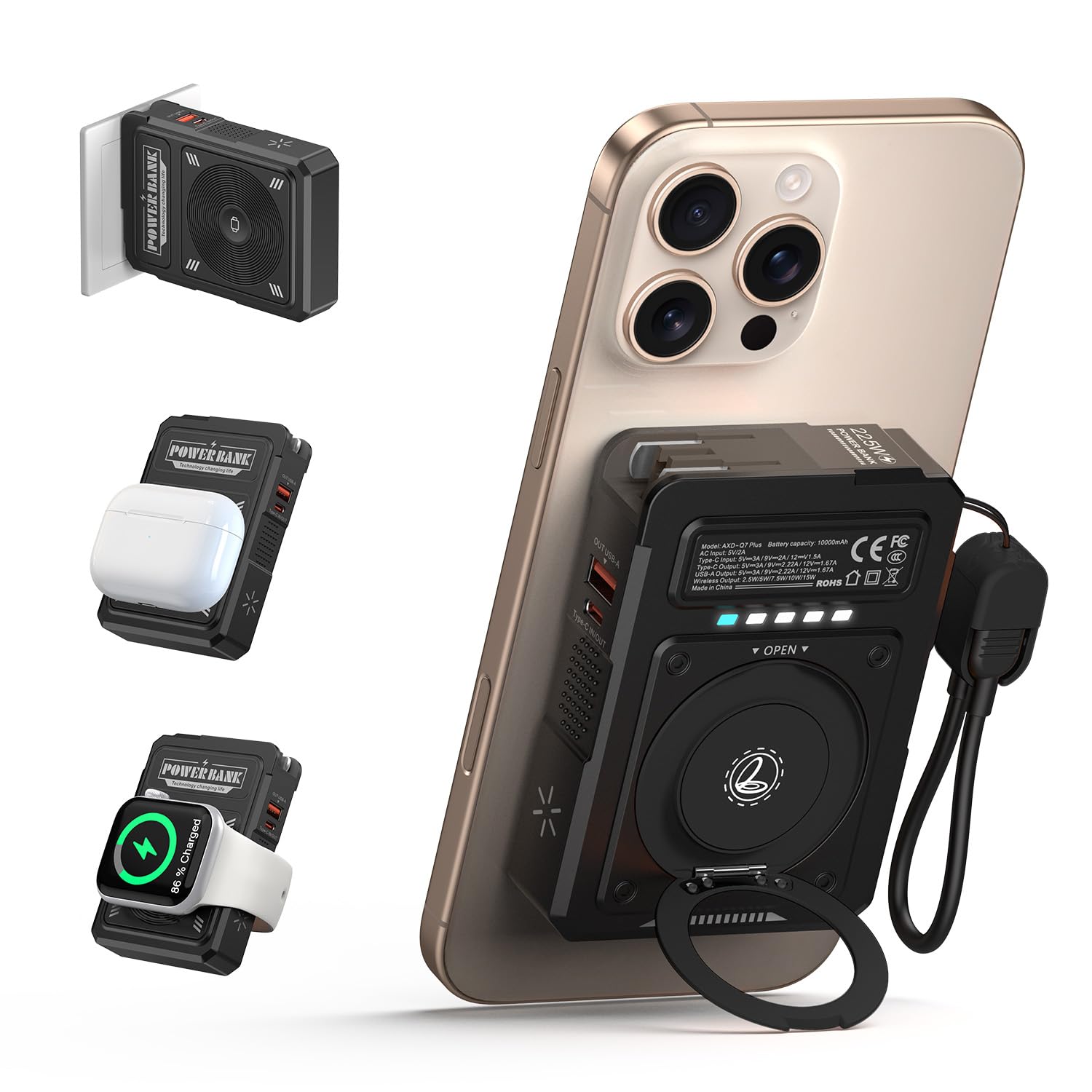 for Magsafe Battery Pack 10000mAh,5-in-1 Magnetic Power Bank Built in AC Plug,Magnetic Wireless Portable Charger for Apple Watch,22.5W Fast Charging Power Bank for iPhone 16 Pro Max/15/14/13/12 Mini