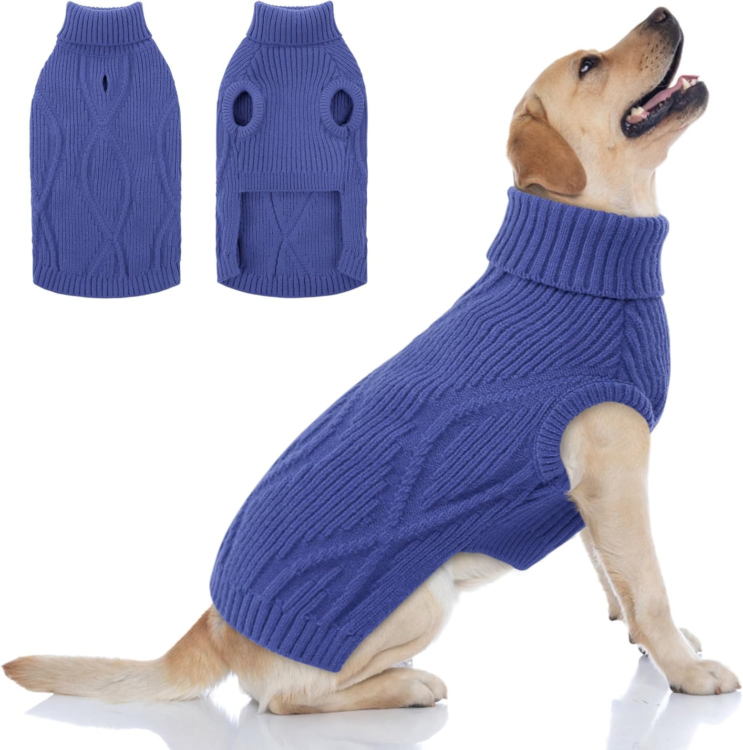 Queenmore Large Dog Sweater, Dog Sweaters for Large Dogs, Thanksgiving Fall Knit Pet Kintwear, Turtleneck Stretchy Christmas Pet Sweater, Winter Warm Clothes for Labrador, Doberman, Royal Blue,2XL