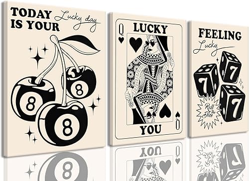 BingruiArt Juego de 3 lienzos de pared retro de moda, color negro cereza, decoración de 8 bolas, imágenes de tarjetas de reina de corazones,