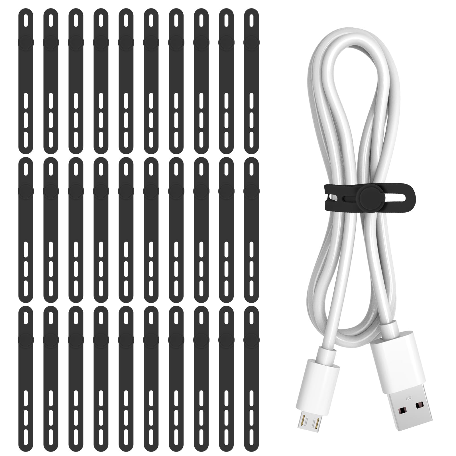 Donruby 30Pcs Silicone Cable Ties - Reusable, Washable with Adjustable Locking Design, High Elasticity Cable Strap Ties for Home, Office, Kitchen, School, Travel Essential Cord Organizer (Black)