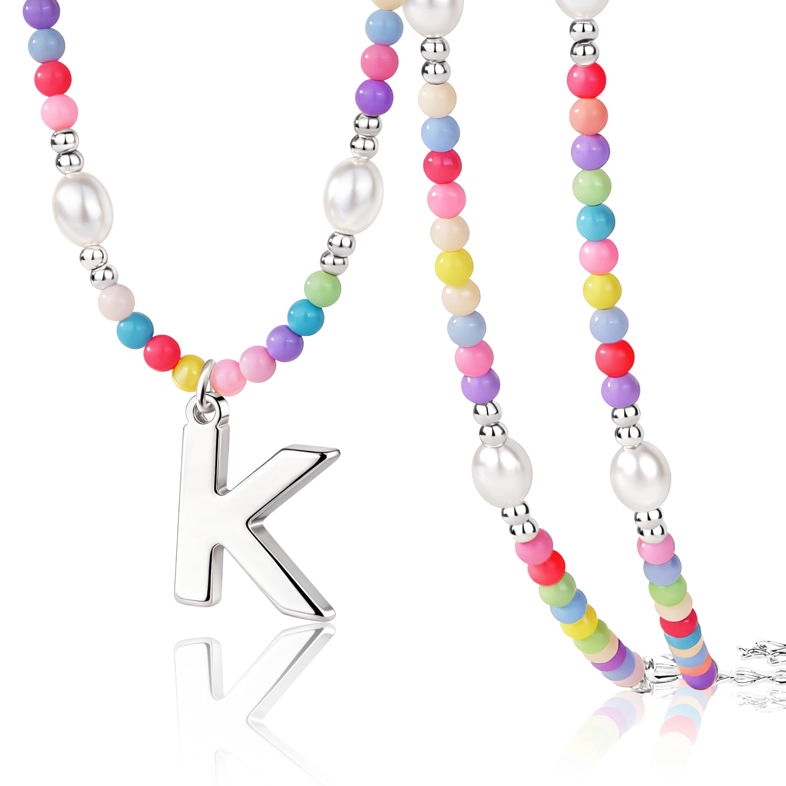 Poxtex Personalized Initial Necklace for Women Teen Girls – Cute Preppy Colorful Rainbow Beaded Pearl Choker with Letter Pendant, Dainty Summer Beach