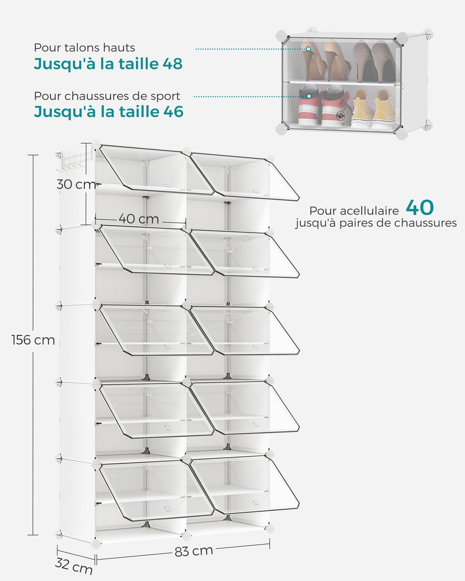 SONGMICS Étagère à Chaussures 10 Compartiments, Étagère de Rangement Modulable, Compartiment de 30 x 40 x 30 cm, Porte, Cadre en Acier, Plastique, pour Couloir, Chambre, Entrée, Blanc LPC035W01