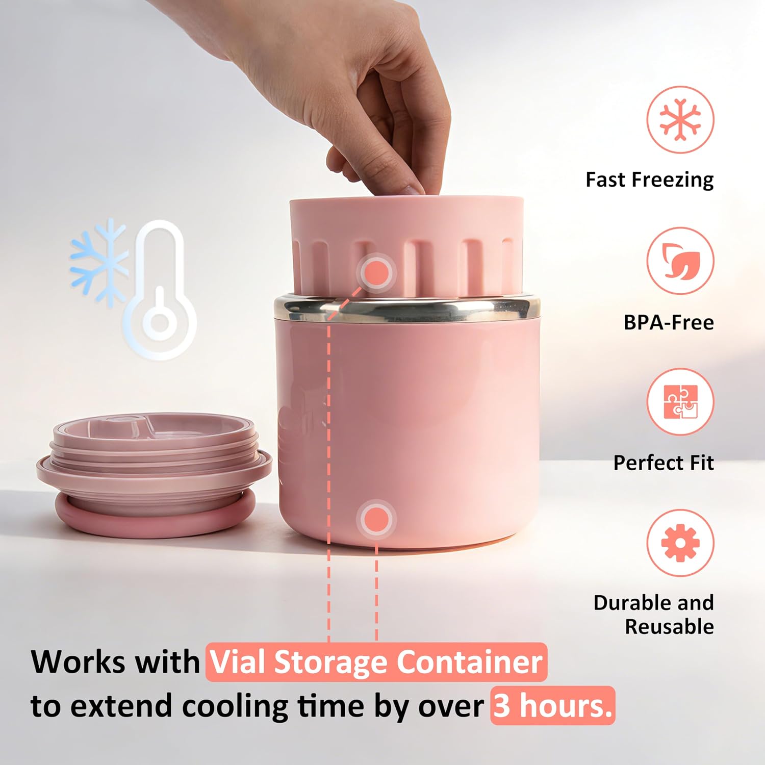 3ml Vial Storage Insert with Ice Pack & Food Jars, Long-Lasting Cooling Peptide Storage Set, Portable Cooler Cup for Diabetic Medication, Holds Up to 21 Vials, Pink (No Vials Included)