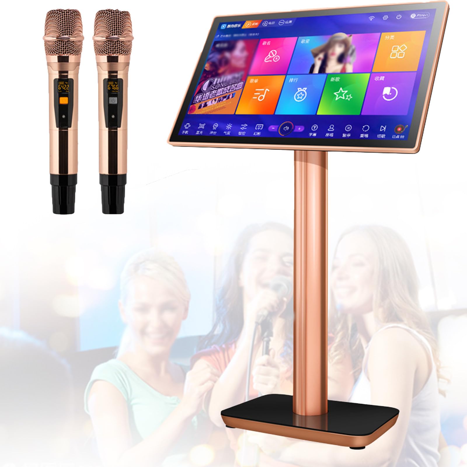 Karaoke Profesional con Pantalla Táctil Capacitiva y Micrófono Inalámbrico, Equipo de Karaoke con Función de Amplificador de Potencia para el Hogar y Bares 22in-2T