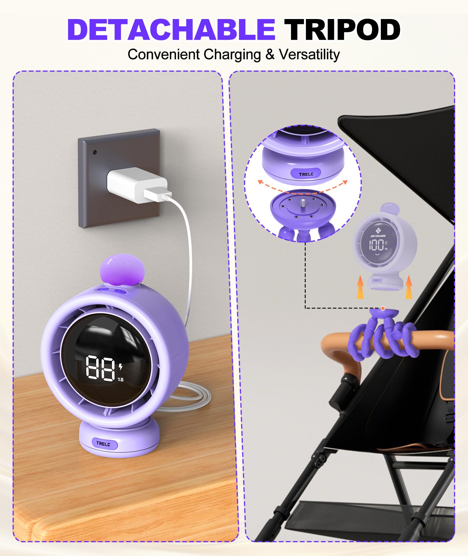 TRELC Ventilatore da passeggino grande, oscillante, turbo da scrivania, ultra silenzioso, con display a LED e luce notturna, 1-100 velocità, 3800 mA, ricaricabile, ventilatore da scrivania per ufficio
