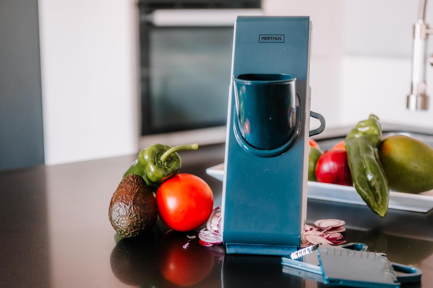 NERTHUS fih 1484 Vertical Multifunction Grater, 3 Interchangeable Blades, Folding Base with Non-Slip Suction Cups, Ideal for Vegetables, Cheese and More