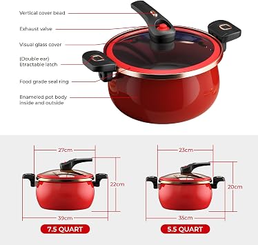 Nonstick Ceramic Coated Sauce Pan with Lid Black Crock Pot with Twist & Lock Handles, Micro Pressure Cooker Versatile Cookware for Stovetops, PFOA-Free Toxin-Free, Easy to Clean (RED, 7.5Quarts)