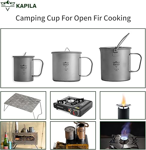 Miniatura 6 de KAPILA Taza de titanio de 16.9 fl oz, taza ligera para mochileros, camping, mango plegable, olla de titanio con tapa, camping, senderismo, picnic,