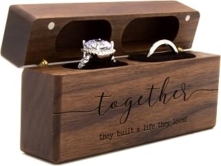 MUUJEE Together Double Ring Box - Engraved Slim Wooden Ring Case Box for Wedding Ceremony Engagement Proposal Ring Bearer Box - Anniversary Birthday Gift Ideas