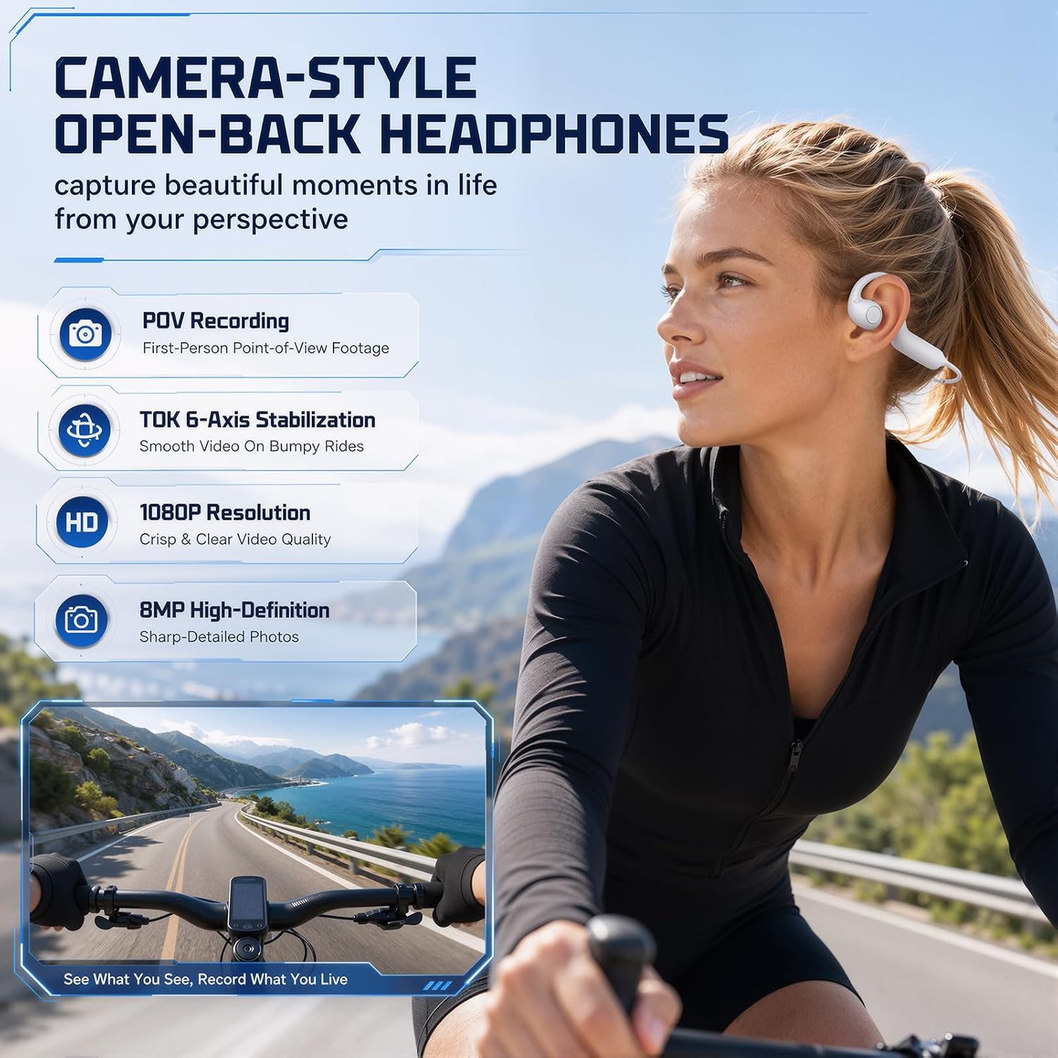 E12 Open Ear Headphones Bone Conduction Headphones with 8MP Camera Open-Air Wireless Bluetooth Headphones,Hi-Fi Stereo Running Earphones IP56 Waterproof AI Voice Assistant Headset for Sports(Black) image 3