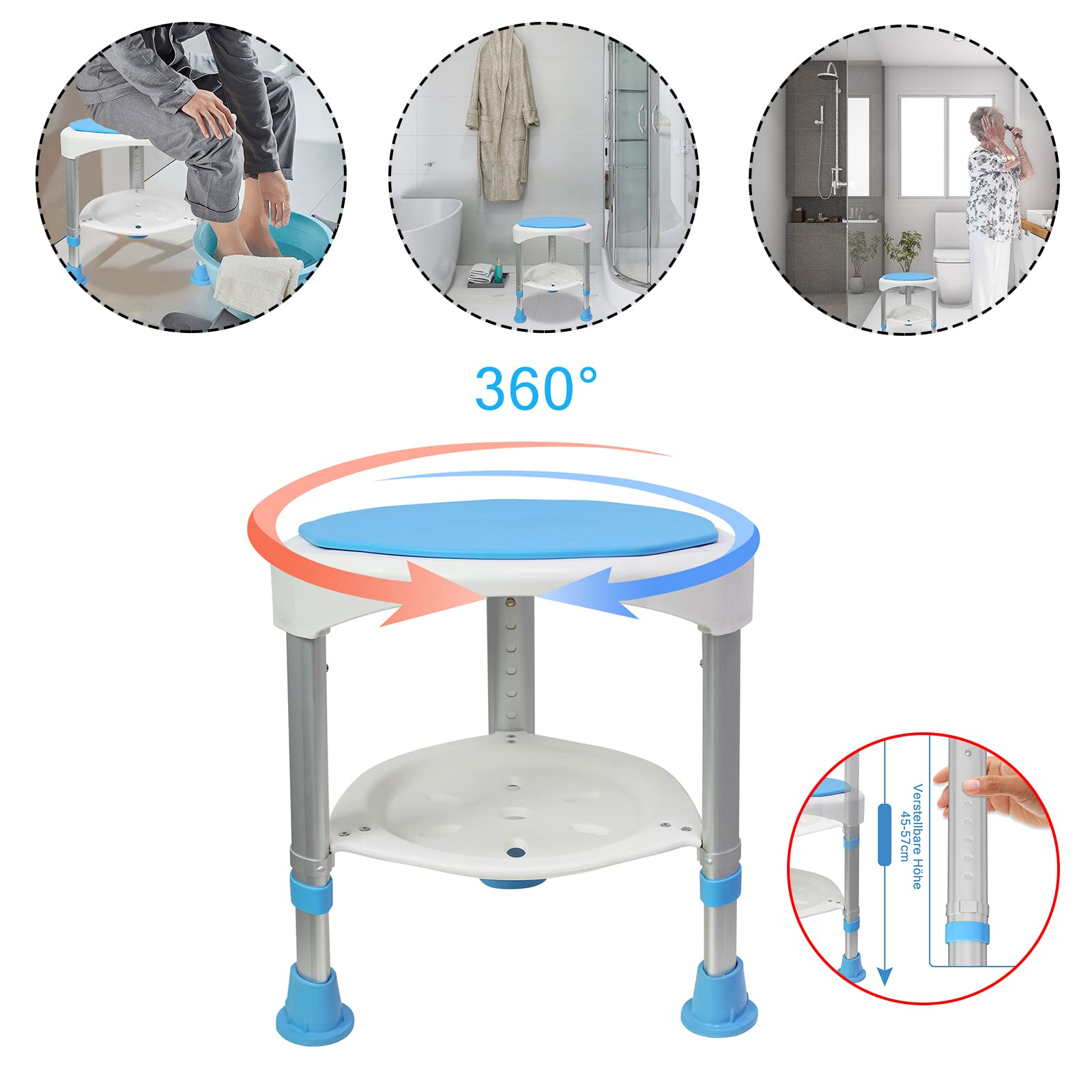 Taburete de ducha giratorio 360°, altura regulable, antideslizante, asiento de ducha, asiento de baño, taburete de aluminio y plástico (tipo B)