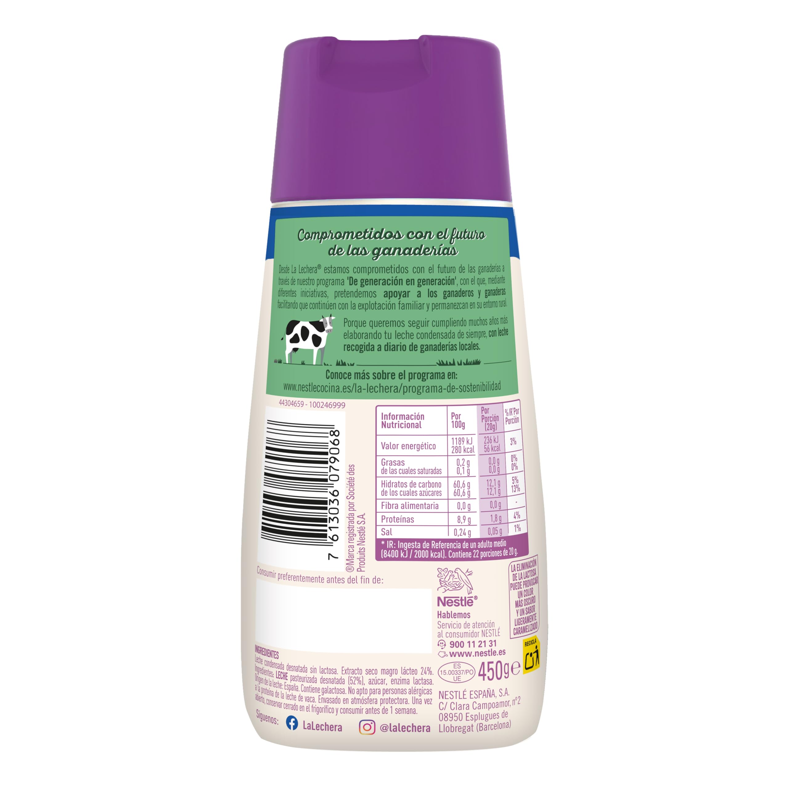 NESTLÉ LA LECHERA Leche condensada Desnatada sin lactosa Botella Sirve Fácil 450g