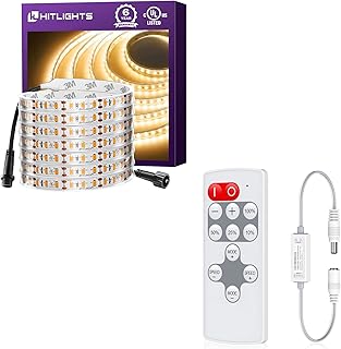 HitLights LED Strip Lights Kit Waterproof Warm White 3000K 16.4FT UL-Listed LED Tape Light + DC 5-24V 12-Key Mini RF Remot...