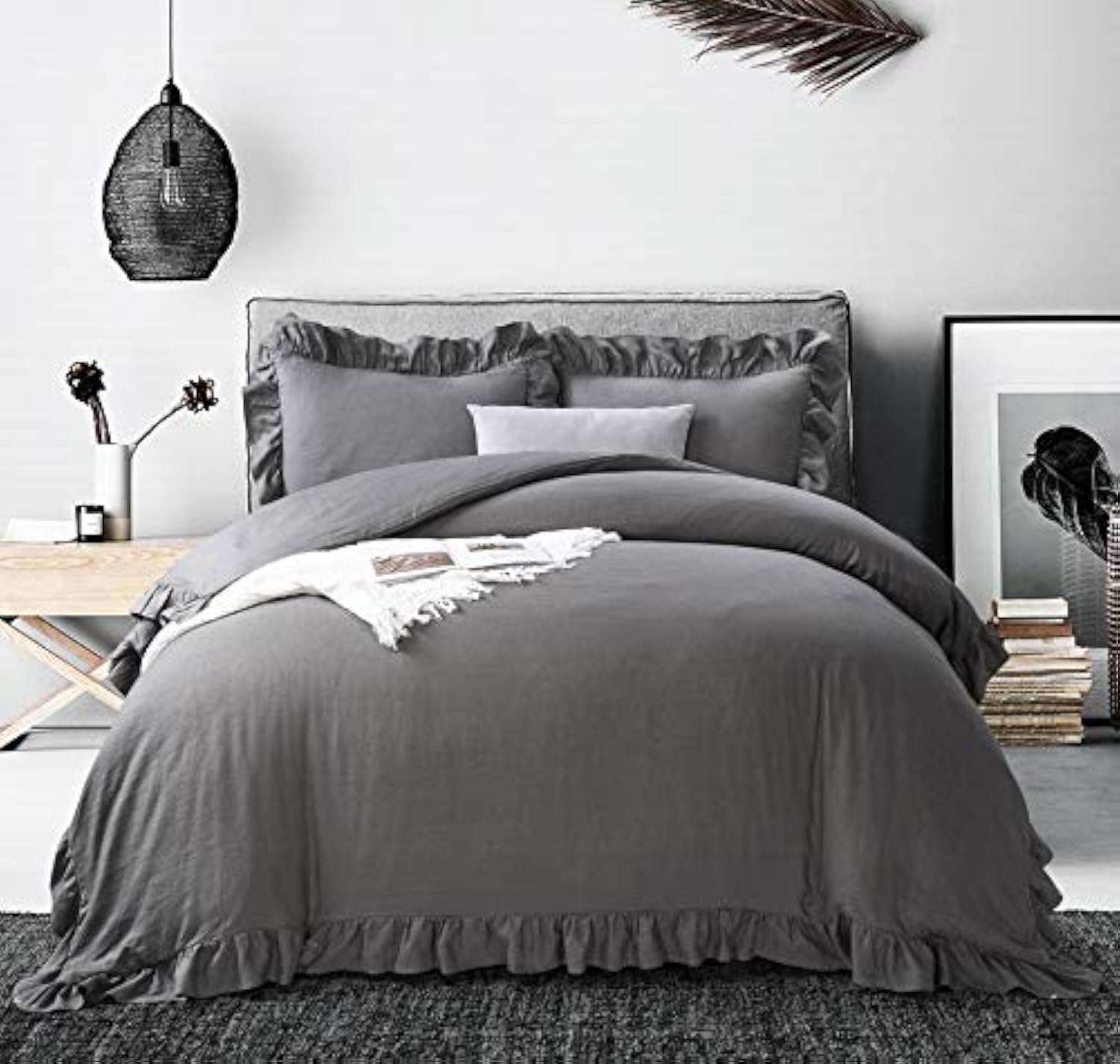 meadow park 100% Stone Washed Linen Duvet Cover Set 3 Pieces, King Size 104 inches x 92 inches, Shams 20 inches x 36 inches, Ruffled Style, Button Closure, Corner Ties, Super Soft, Charcoal Color