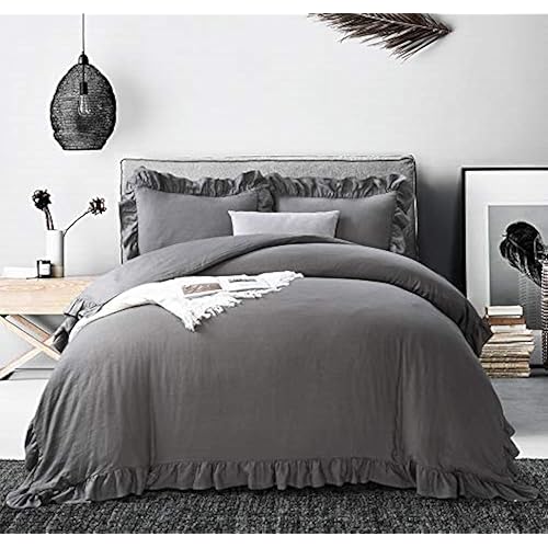 meadow park 100% Stone Washed Linen Duvet Cover Set 3 Pieces, Queen Size 90 inches x 92 inches, Shams 20 inches x 26 inches, Ruffled Style, Button Closure, Corner Ties, Super Soft, Charcoal Color