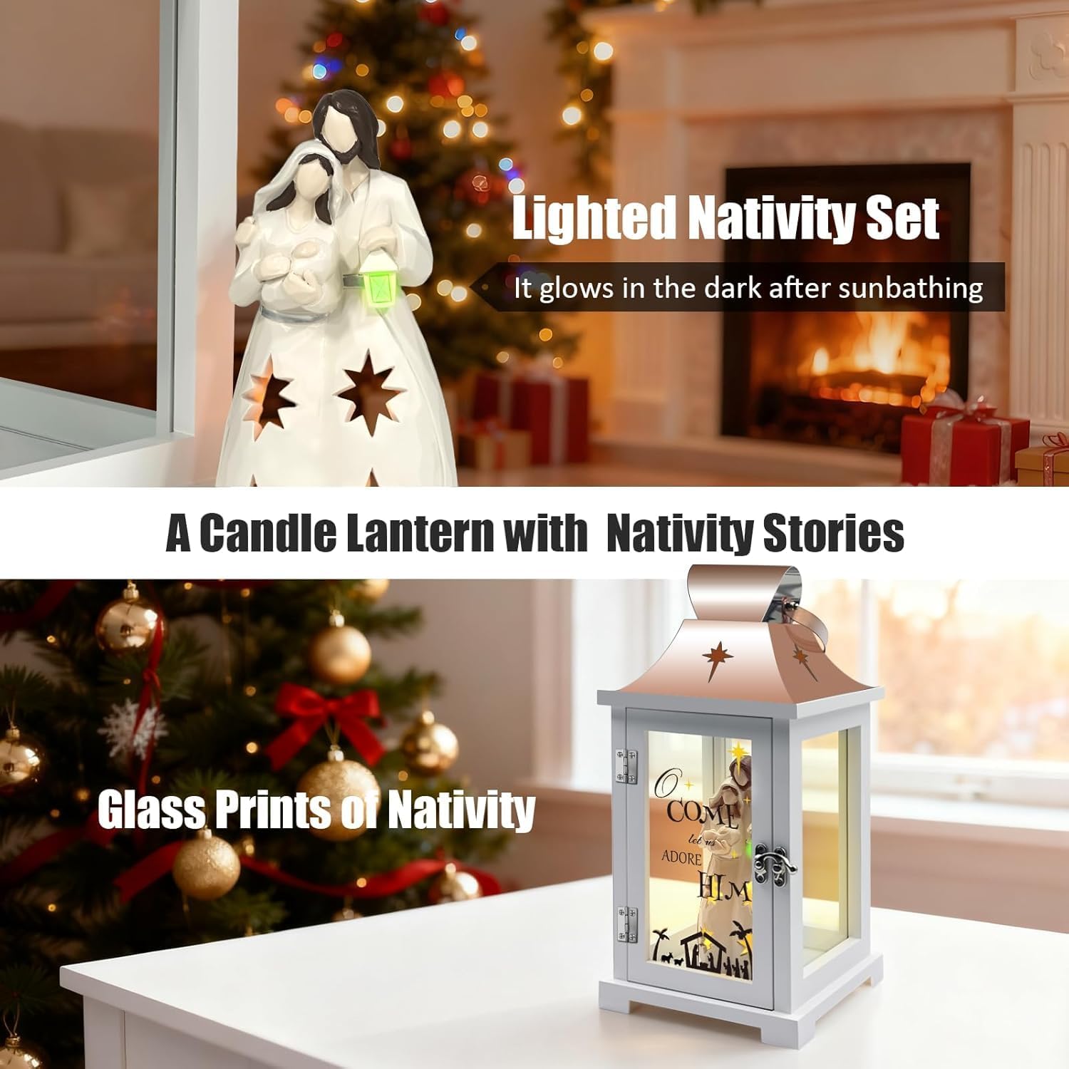 Christmas Nativity Set for Table Centerpieces, 15.1" Tall Nativity Christmas Lantern for Party Decor, Hanging Candle Lantern for Xmas Home Décor Indoor, Resin Nativity Figurine for Xmas Gift